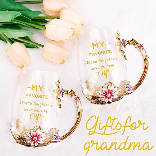 Miniatura 4 de OEAGO - Taza de té de regalo de cumpleaños para los abuelos de parte de la nieta, Día de la Madre, tazas de vidrio esmaltadas con flores