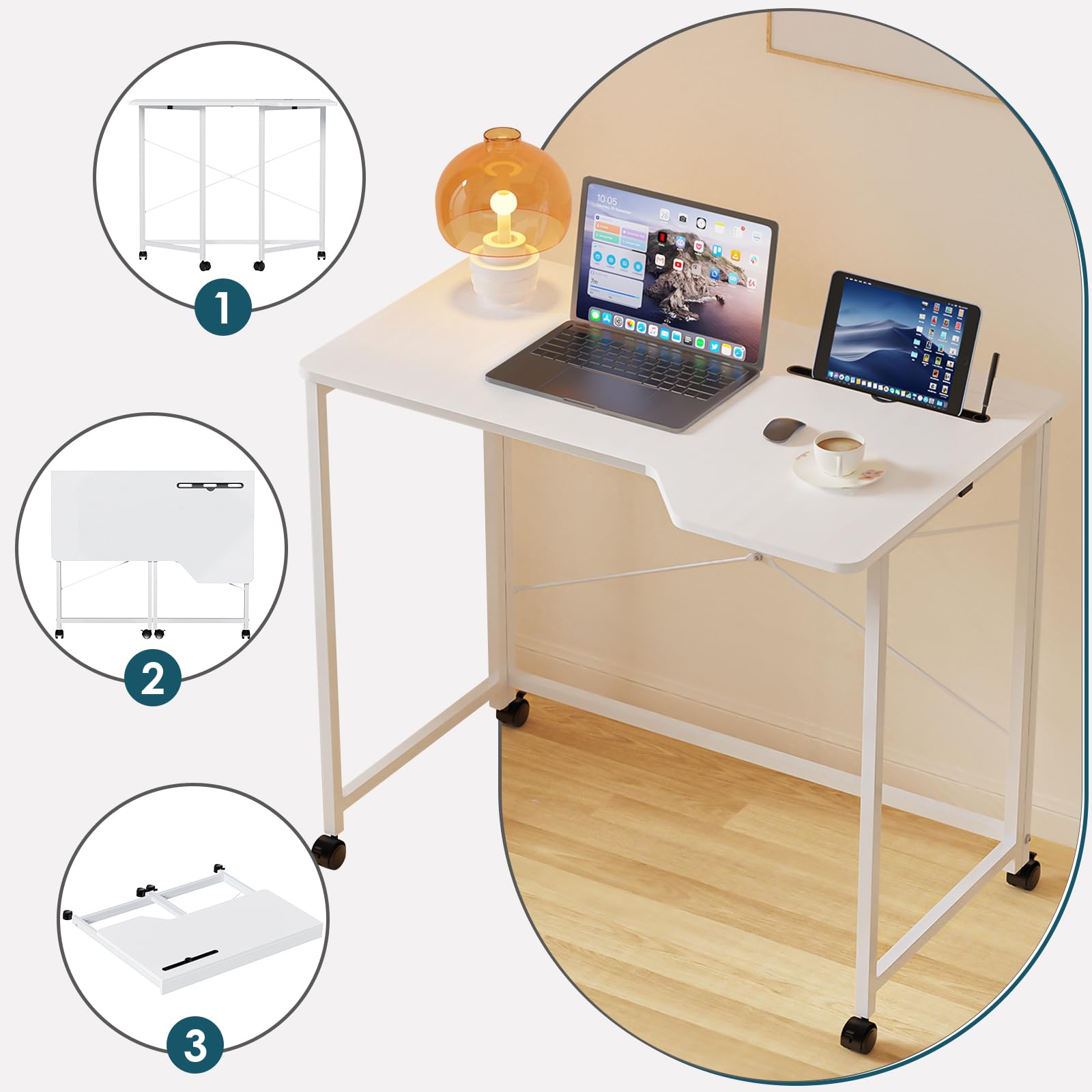 PIPIPOXER 90x56x75cm Scrivania Pieghevole con Ruote, Scrivania Computer con Slot per Schede, Scrivania da Ufficio per Studenti e Lavoratori, Tavolo da Scrivania Pieghevole,Struttura in Metallo,Bianco