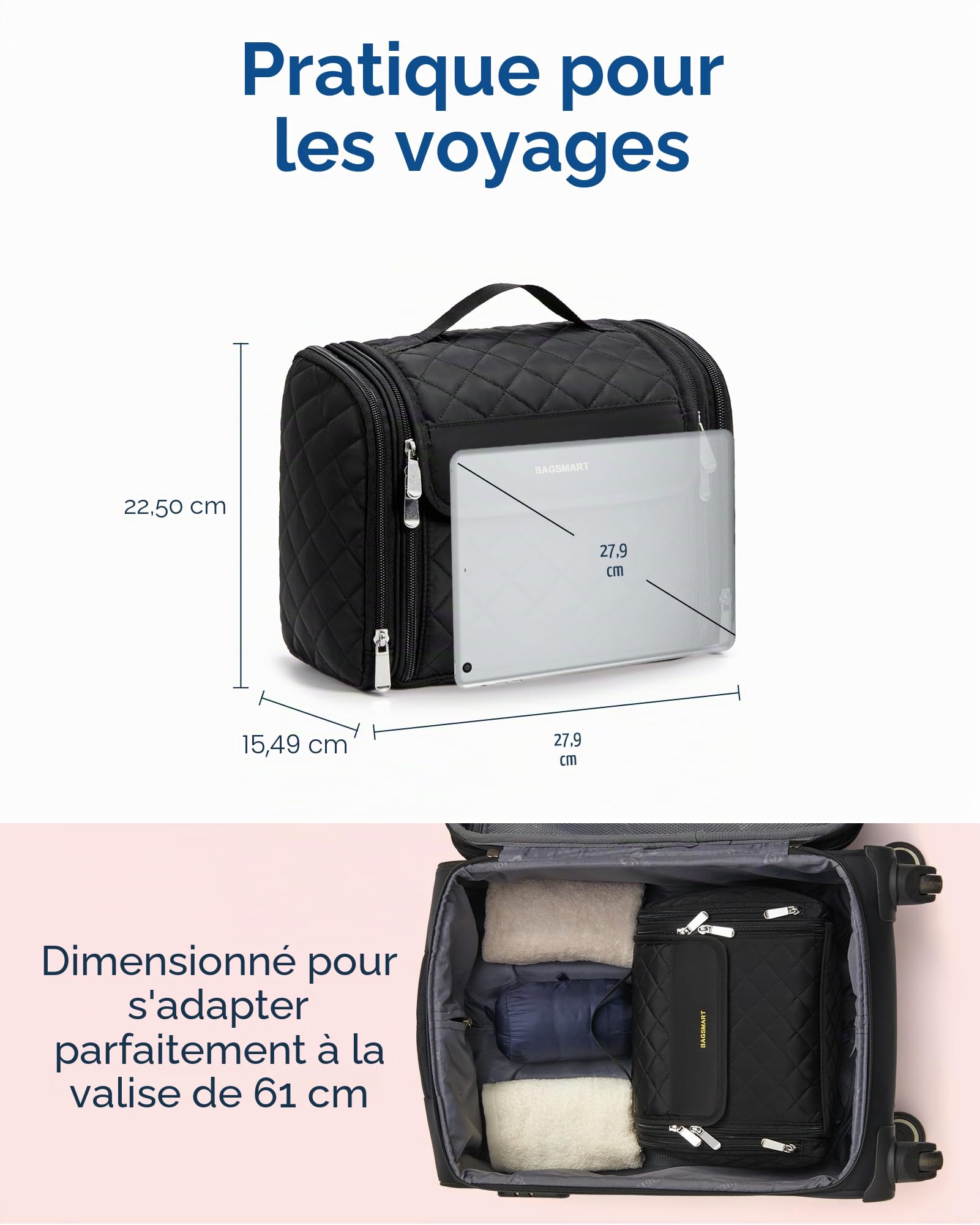 BAGSMART Trousse de Toilette Femme Voyage,Grande Capacité Trousse de Maquillage avec Crochets à Suspendre,Imperméable pour Articles de Toilette,Accessoires de Voyage, Noir