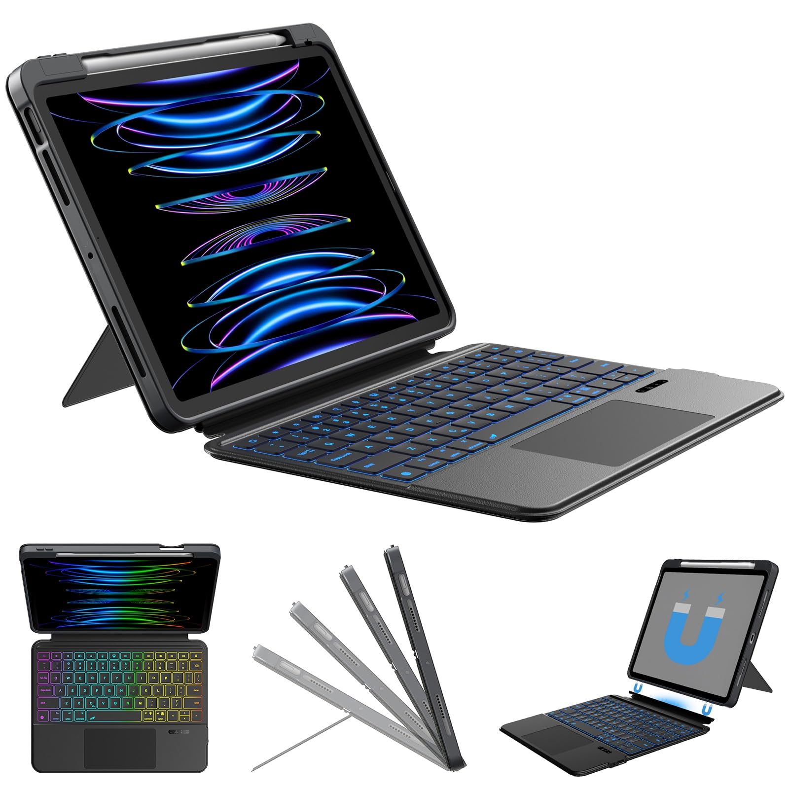 typecase Kickstand Combo Keyboard case for iPad Pro 11 (M4, 2024) with Precision Trackpad & 7-Colors Backlit, Multi Viewing Angle, Pencil Holder, Magentically Detachable Wireless Bluetooth Keyboard-image-4