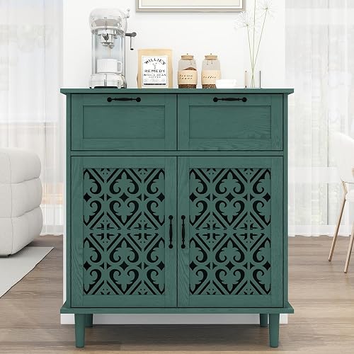 Kitchen Storage Cabinet with Drawers - Accent Cabinet with Carved Door, Floor Sideboard Buffet with Storage, Small Wood Credenza for Living Room, Dining Room, Entryway, Green