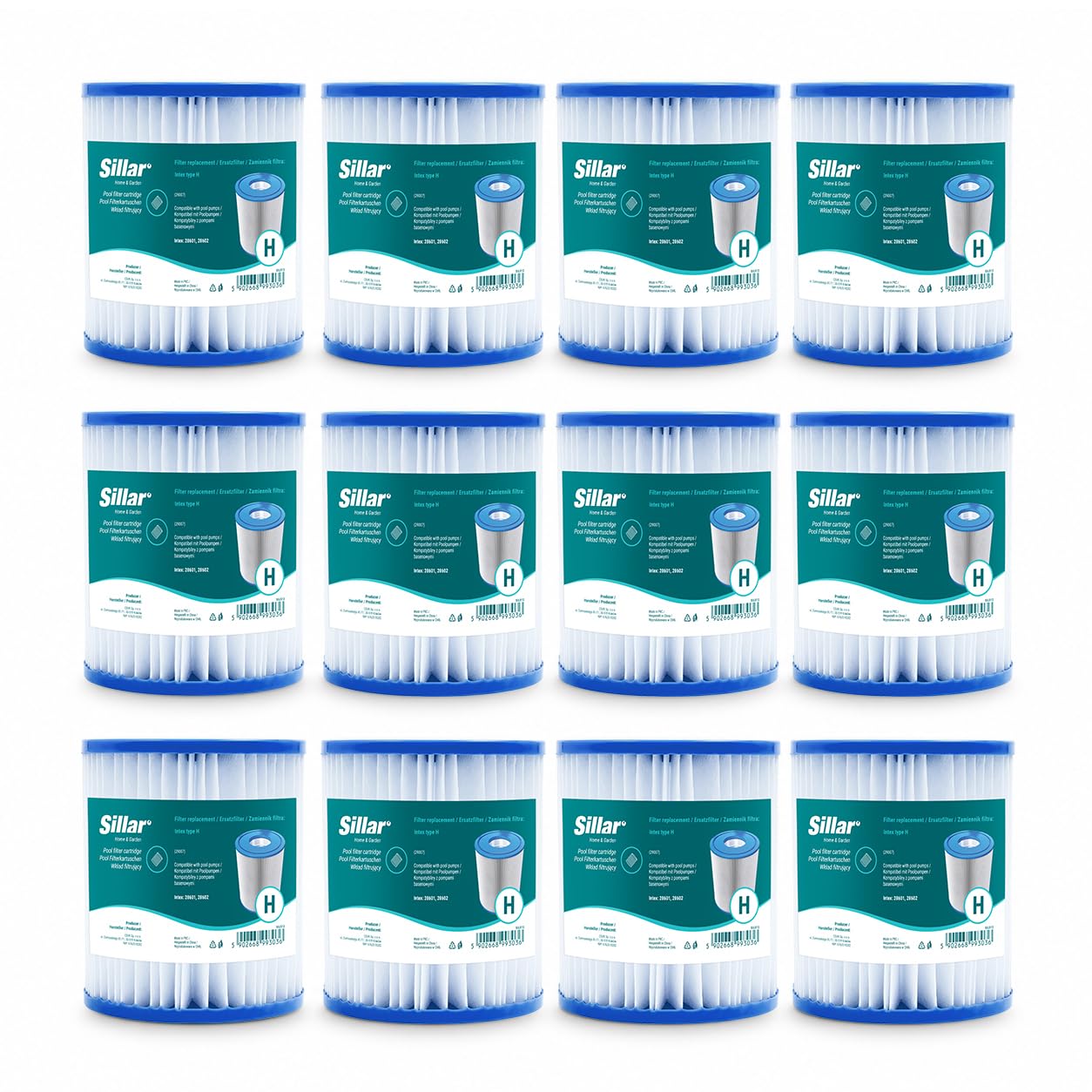 Sillar Wkłady filtrujące kompatybilne z filtrem Intex typu H, filtr basenowy typu H #29007, 12 sztuk