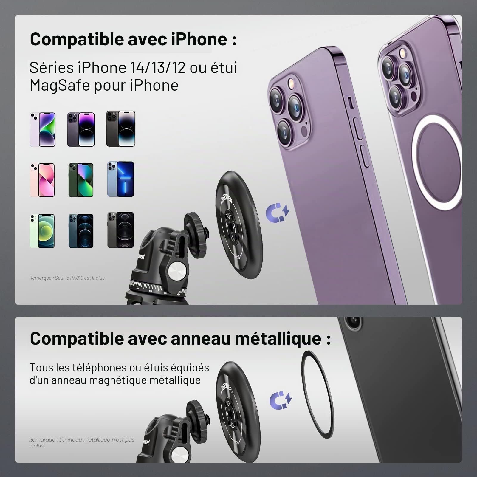 NEEWER Adaptateur trépied de téléphone magnétique avec Trous de 1/4" Compatible avec iPhone MagSafe Selfie Stick pour 15 Pro Max 15 Plus 14 13 12 Pro Max Mini, PA010