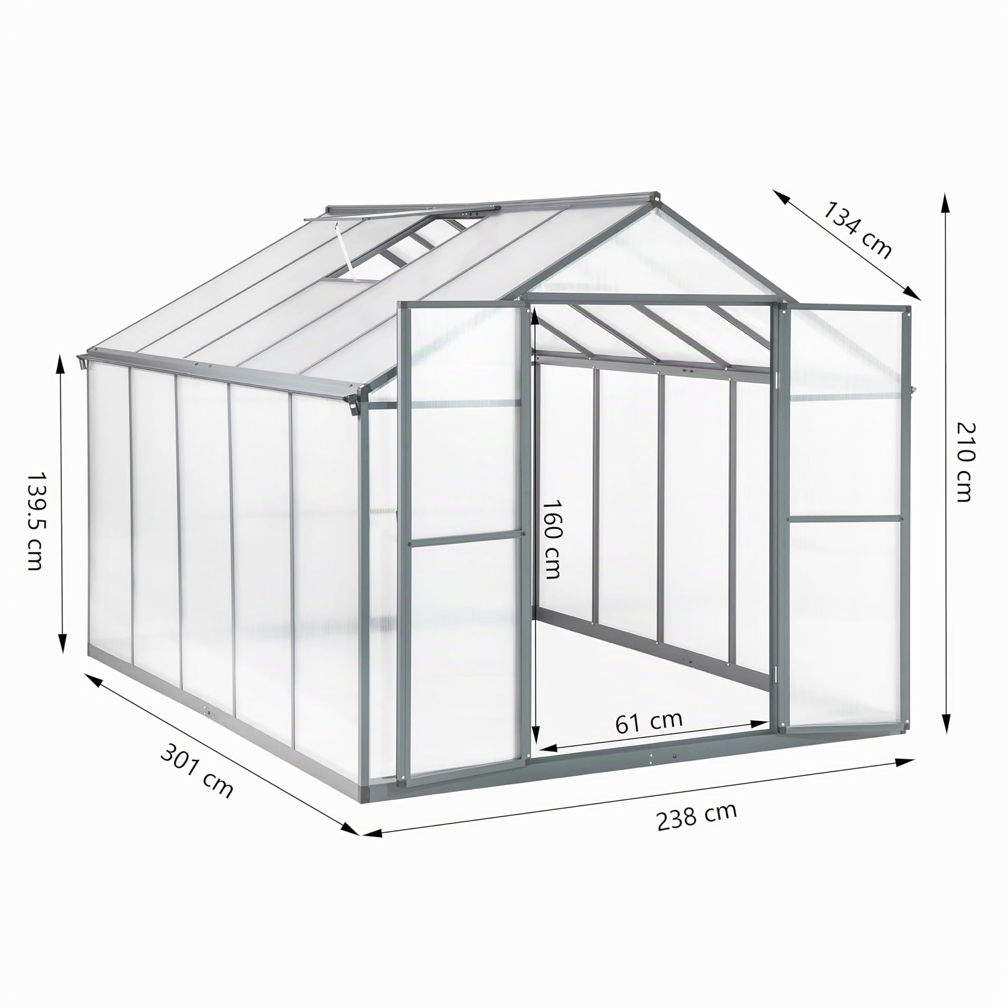 Serre en aluminium avec fondation de 302 x 238 cm, plaques de 4 mm, grande serre de jardin, résistante à l'hiver, pour semis précoce, élevage, 11,70 m³, double porte, gris