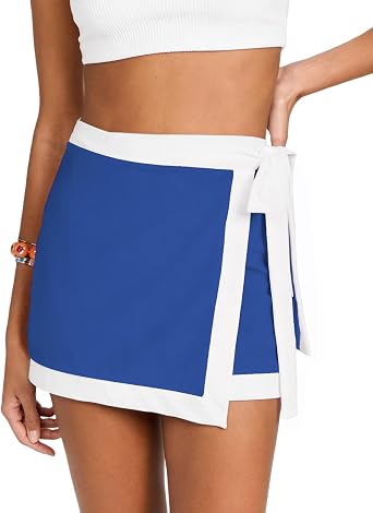 Lianlive Womens Summer Wrap Mini Skirts Casual High Waist Tie Knot Side Colorblock Beach Vacation Mini Skirt