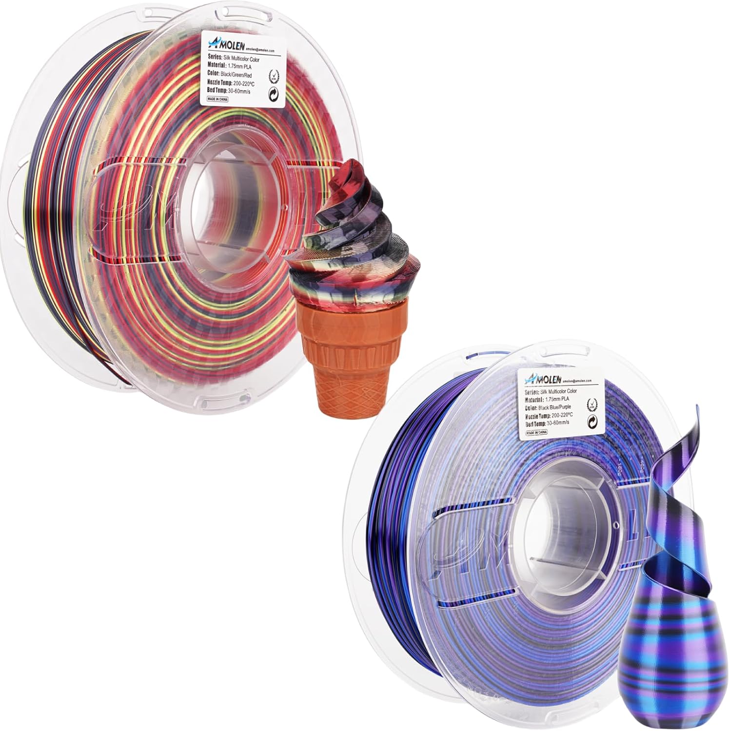 AMOLEN S-Series Silk PLA Bundle Black Red Green & Black Blue Purple 1kg 3D Printer Filament