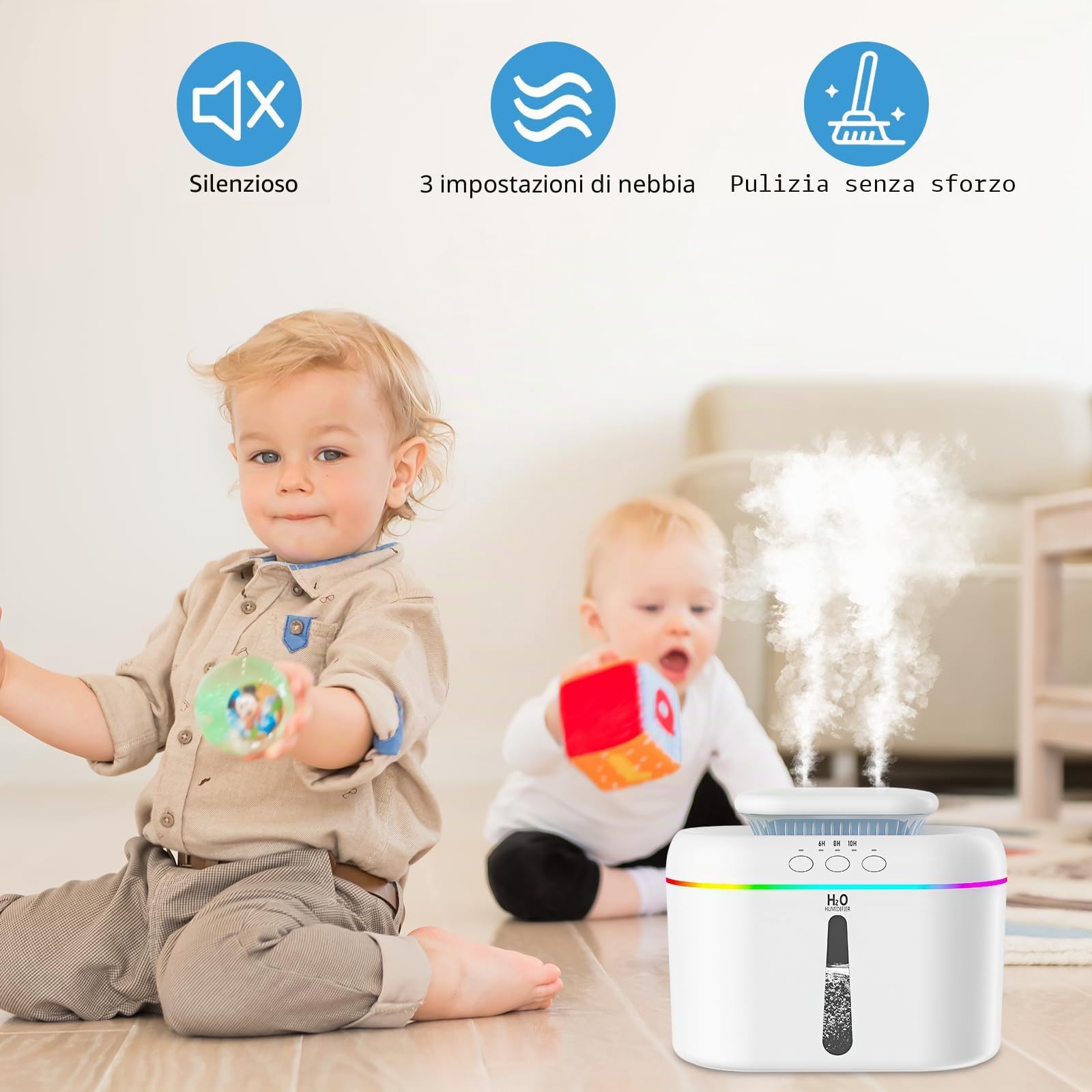 Umidificatore Ambiente 2L umidificatore ambiente bambini Umidificatore Ultrasuoni a Nebbia Fredda,Silenzioso 28 dB, richiede un collegamento alla rete elettrica per il funzionamento.