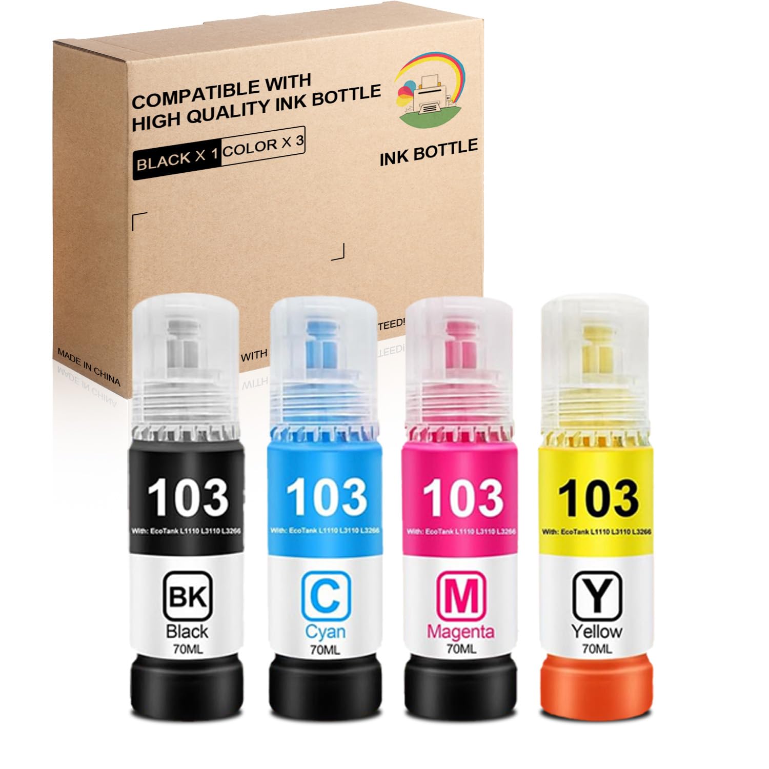 103 Ink Bottle 4-colour Multipack 103 Ink Replacement for EcoTank L1110 L3110 L3111 L3150 L3151 L3156 L3160 L5190 Printer (Black, Magenta, Cyan, Yellow)