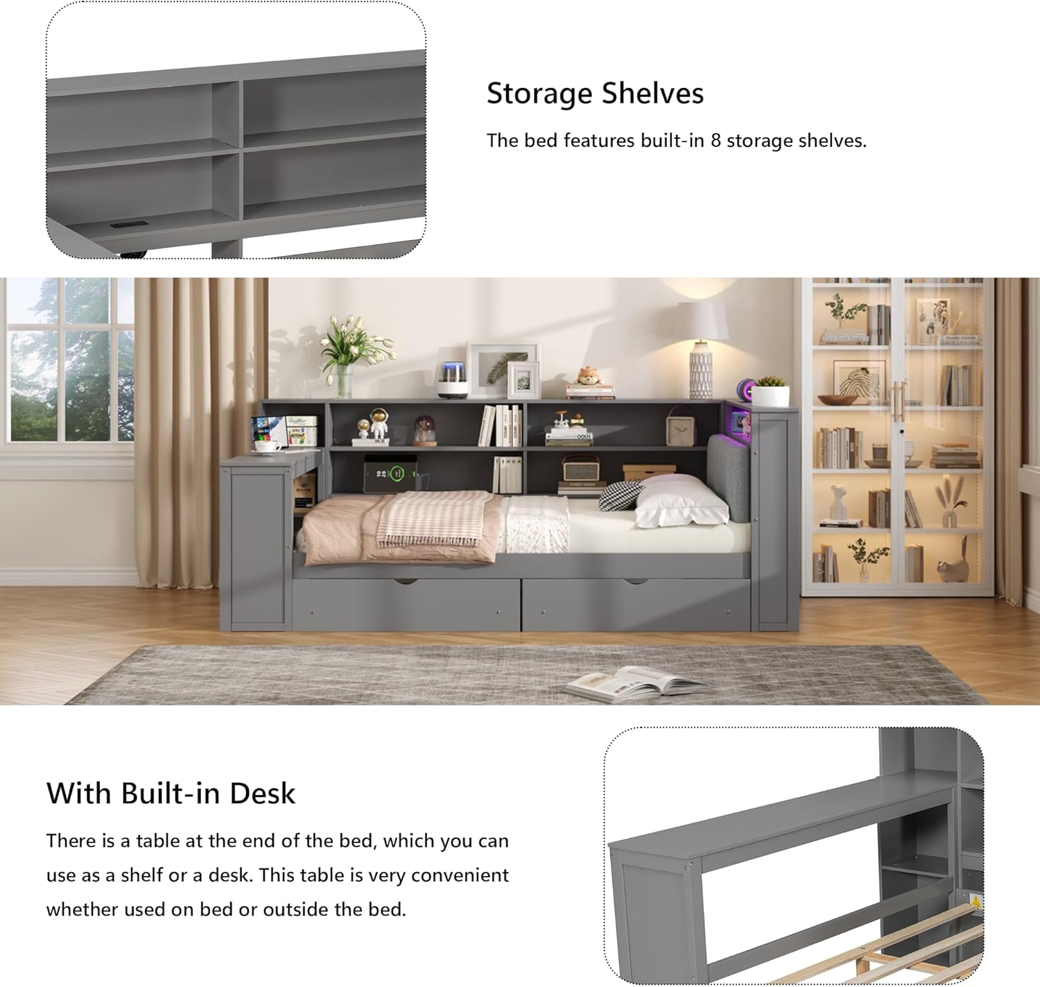 Image showing the built-in storage shelves and desk of the Polibi Full Size Platform Bed.
