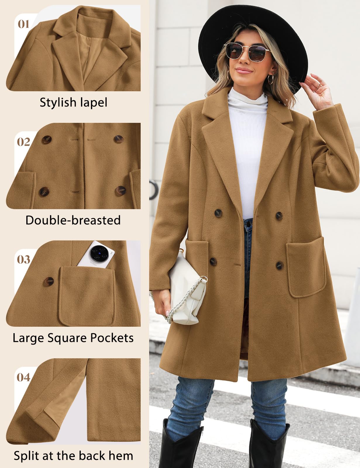 CMTOP Cappotto Donna Invernale Lana Caldo Cappottos Scollo a V Revers Cappotti Invernali Lungo Dritto Doppiopetto Giacca Lana Elegante con Tasche per Autunno Inverno