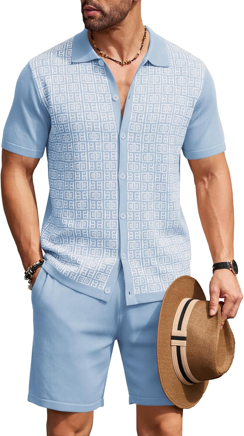 COOFANDY Men's 2 Piece Outfit Vintage Short Sleeve Button Down Knit Polo Shirts Casual Beach Shorts Sets