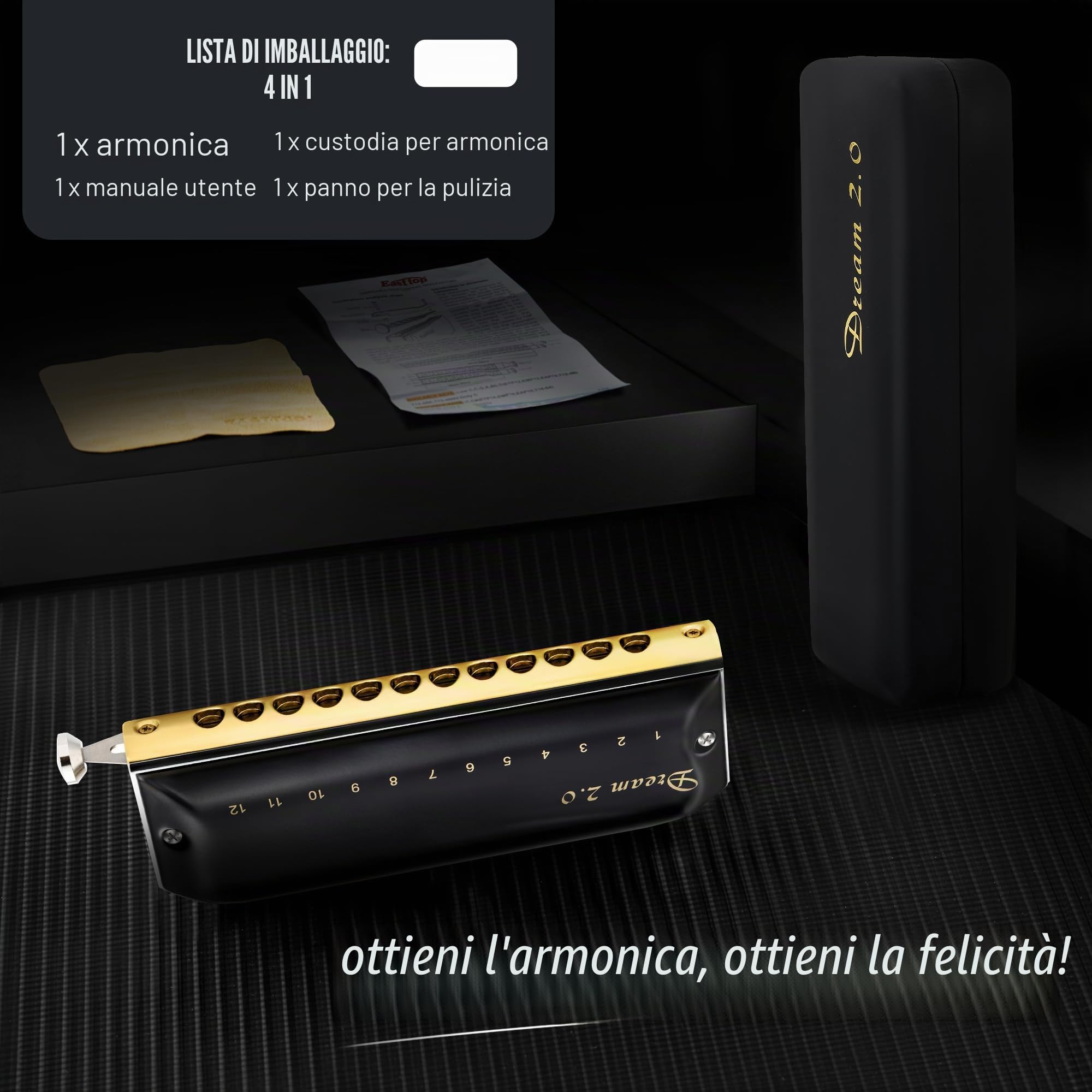 EAST TOP Armonica cromatica in chiave di do, 12 fori, 48 toni, professionale, per adulti, professionisti e studenti, nera