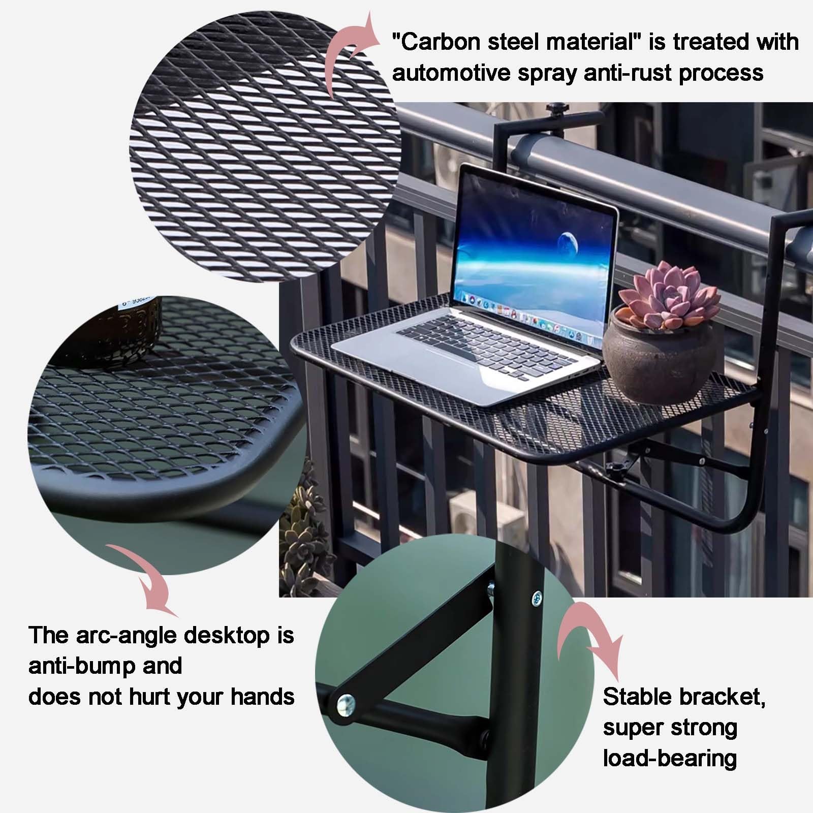 Table de Balcon Suspendue Pliable Table de Bar Pliante à Suspendre, Réglable en Hauteur sur 4 Niveaux, pour Balustrades de d'Extérieur, pour Garde-Corps de Patio et Terrasse 60x40cm Noir