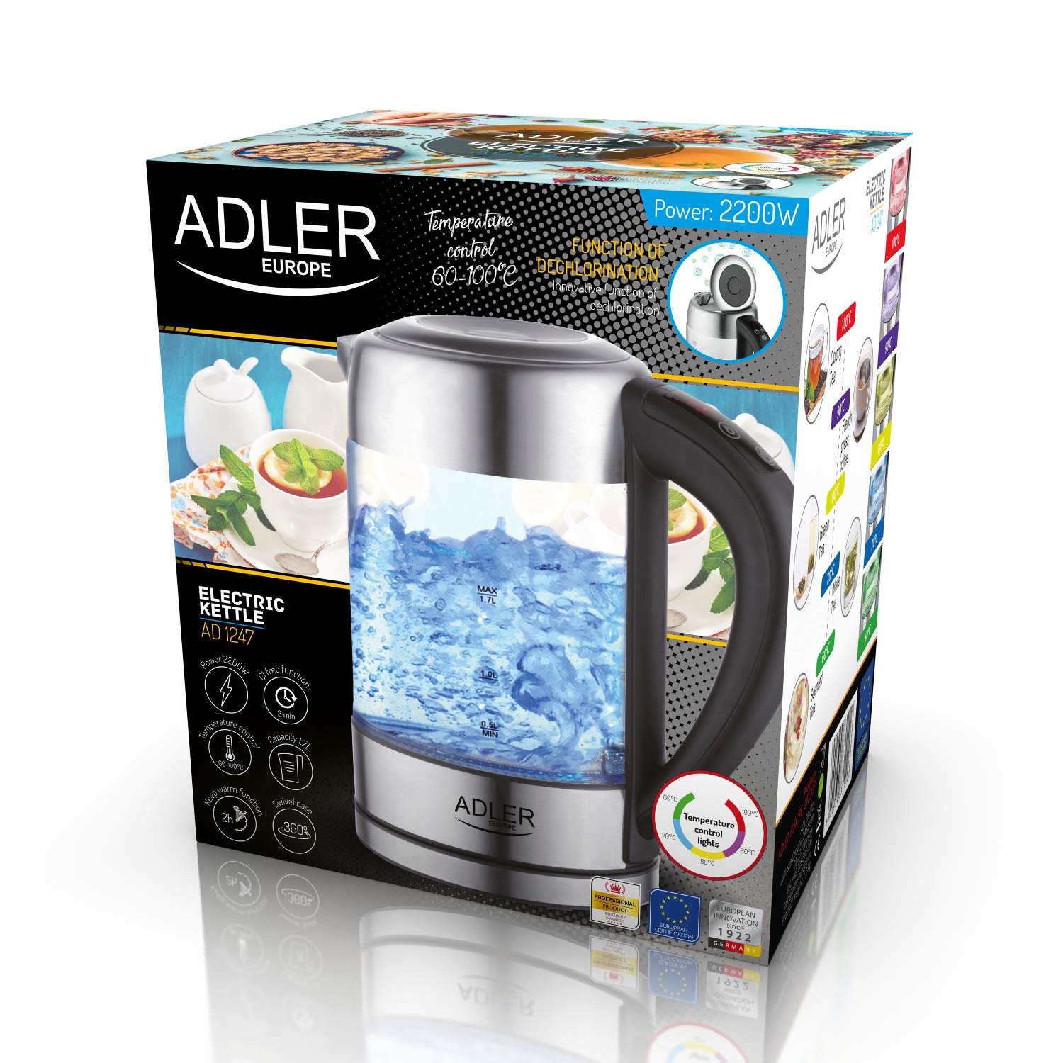 ADLER AD-1247 Hervidor de agua eléctrico cristal 1,7 litros, Regulador de Temperatura de 60 a 100 °C, resistencia oculta, 2200 W, apagado automático, inalámbrico 360º sin cable | Regulador de Temperatura de 60 a 100 °C, resistencia oculta, apagado automát