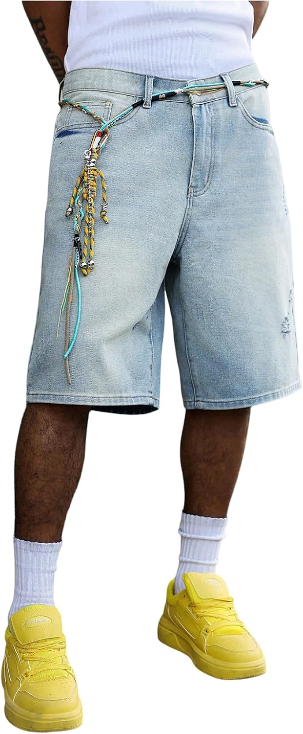 VIPWOLF Men's Baggy Jeans Shorts Wide Leg Loose Fit Y2K Hip Hop Long Denim Shorts Streetwear Below Knee Jorts