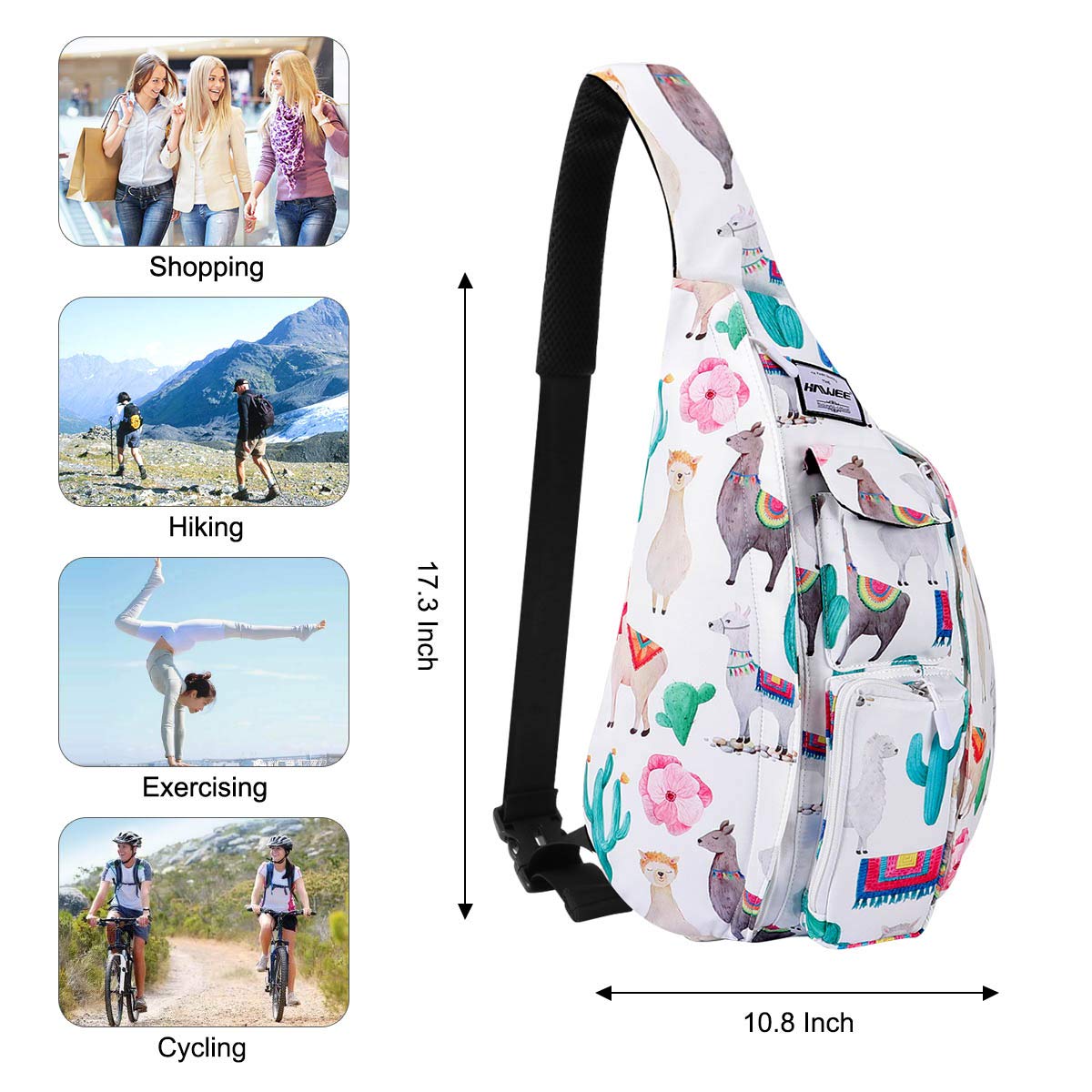 Sac de Poitrine Sport Multifonction - Sling à Bandoulière Crossbody pour Voyage, Travail, Étude, Escalade, Randonnée, Courir - pour Hommes, Femmes, Adolescents - Alpaga et Cactus, L