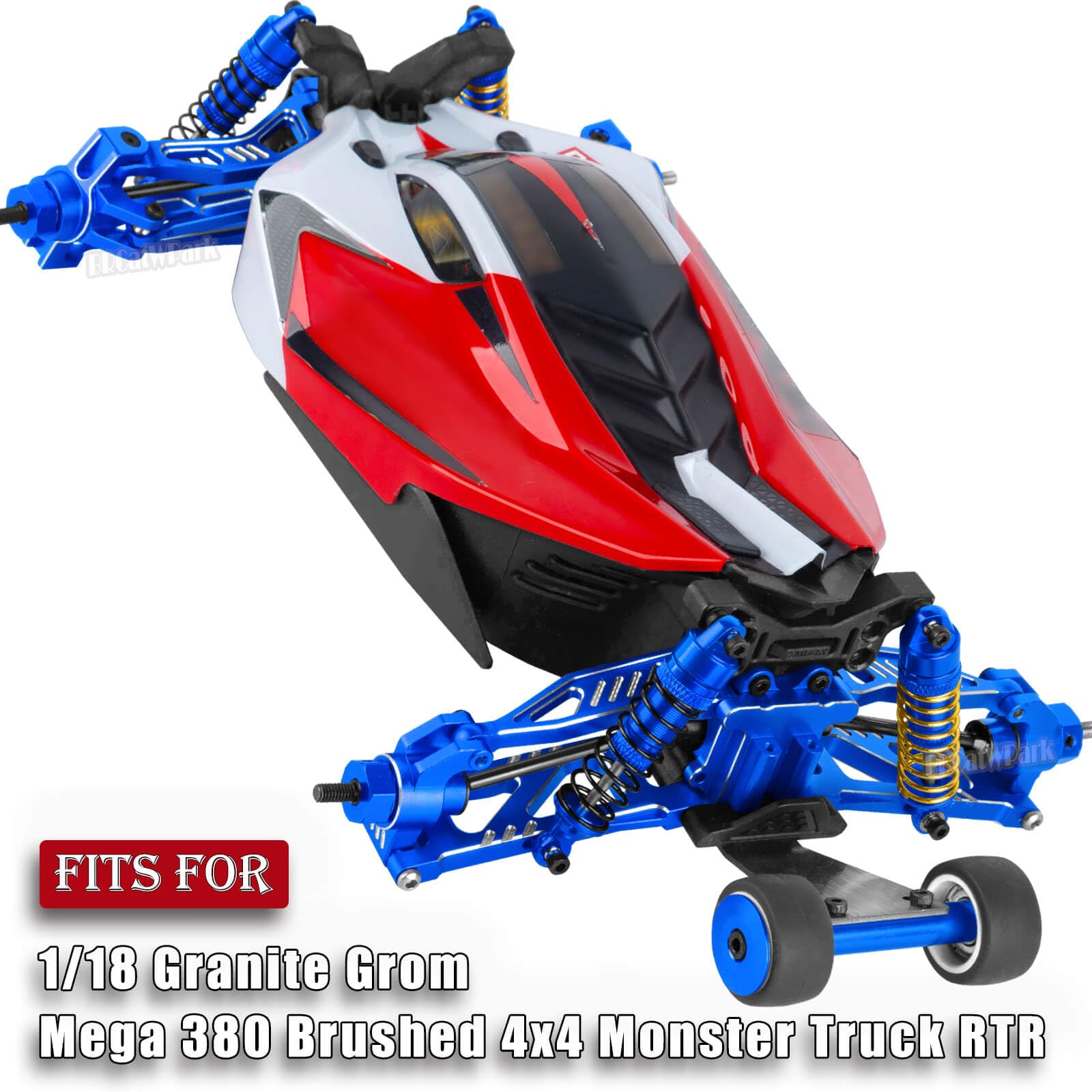 BRCatWPark RC Upgrades Part for 1/18 Granite Grom,Shock,Drive Shaft,Arm,Steering Caster Blocks,Wheelie Bar,Link,Motor Mount Set,Slipper Clutch,Gear Fixing seat,Diff Cover Set,Dustproof Guard,Blue