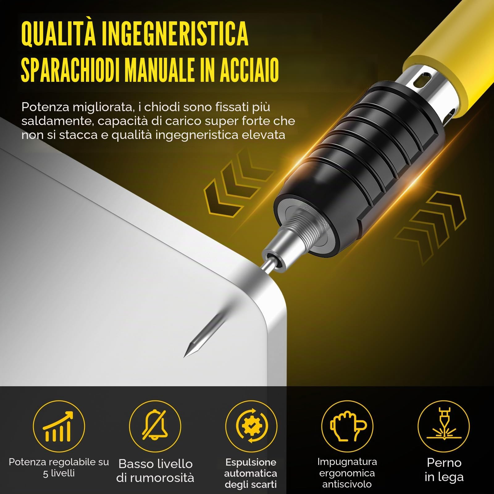 Chiodatrice per Cemento Manuale & Pistola Inchiodatrice Portatile | 100 Chiodi, Custodia, Percussore, Testa Silenziata, Anti-Inceppamento, Scarico Residui, Per Tubi, Cavi e Fai da Te
