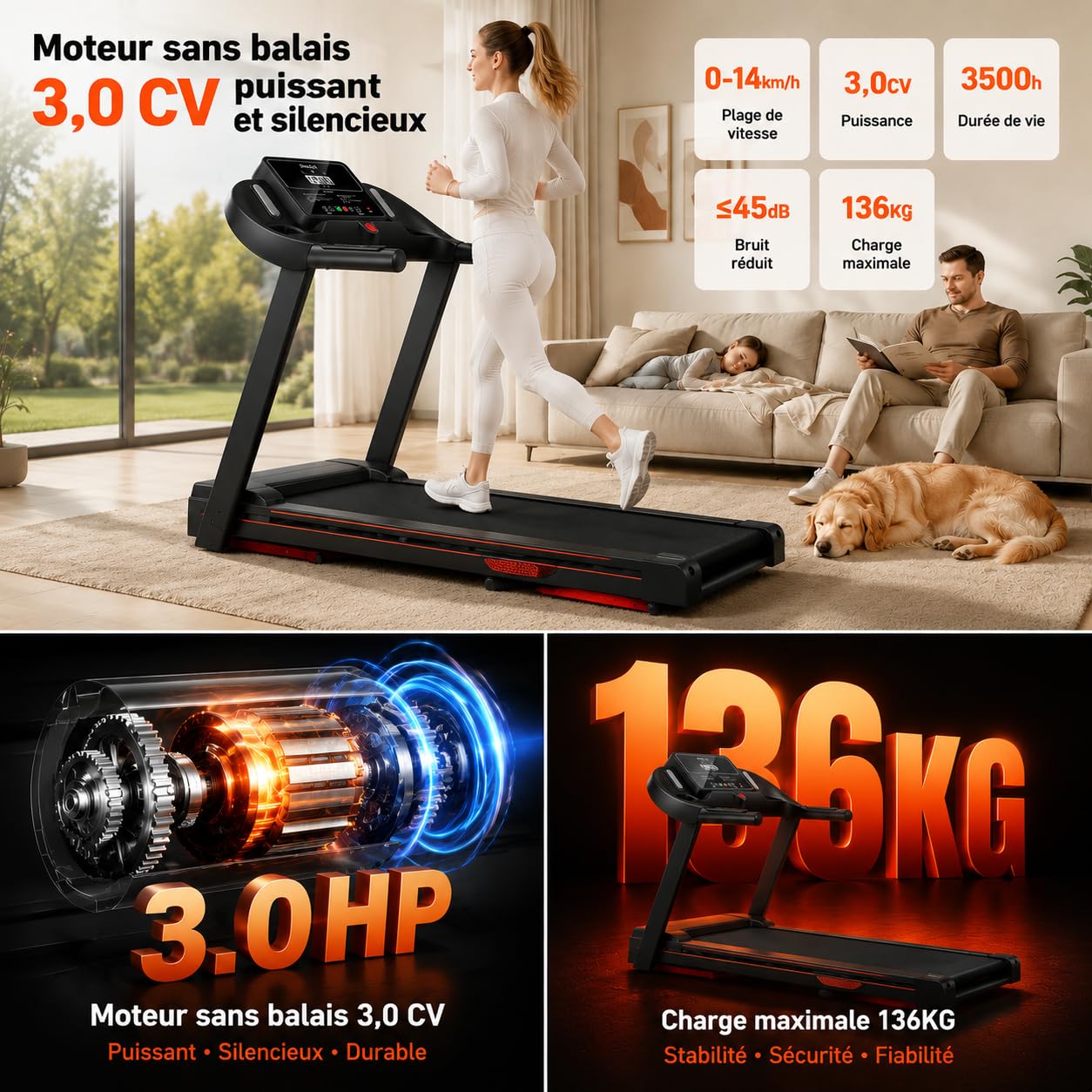 Cinta de correr plegable con inclinación al 15 %, motor sin escobillas de 3,0 HP, silencioso <45 dB, 12 + 3 programas inteligentes, amortiguación de 7 capas, sensores cardiovasculares, ahorra