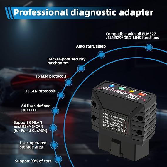 VGATE vLinker MC OBD2 Scanner Bluetooth Diagnostic Tool, Wireless OBD2 Adapter All Systems Scanner Car Diagnostic Scan Tool, Code Reader Clear Faults Hacker-Proof for Android & Windows (Not iOS)