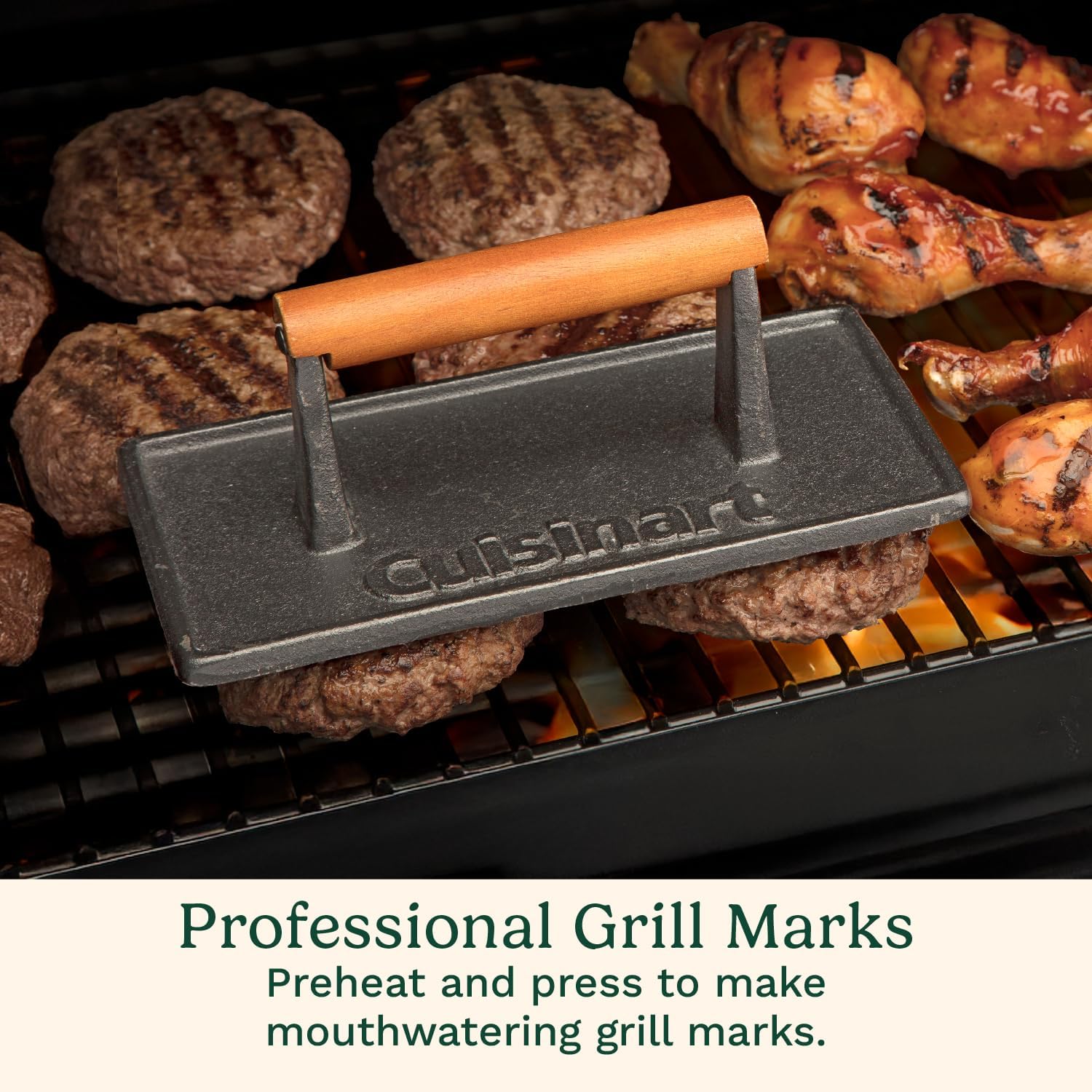 Durable Cast Iron Grill Press with Wood Handle
