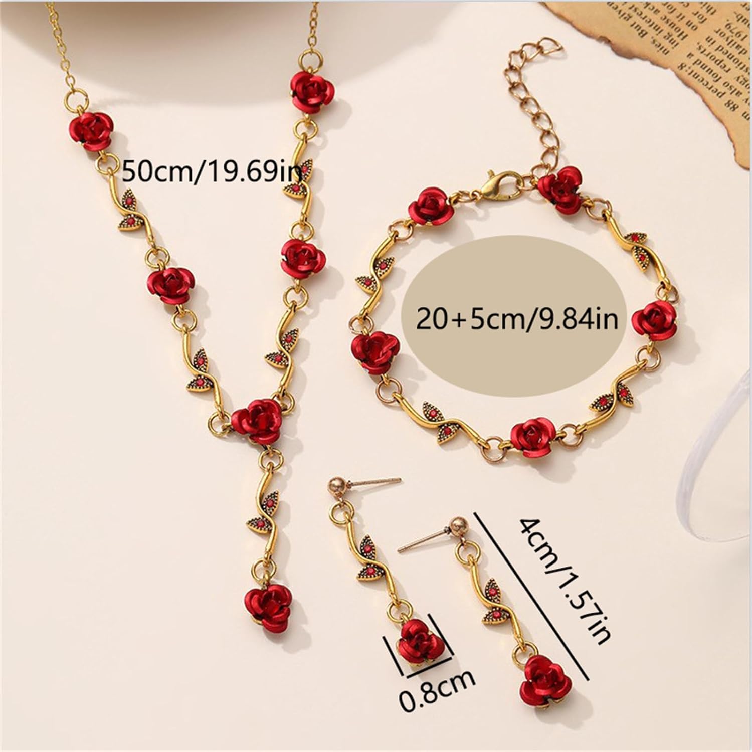 3Pcs Red Rose Jewelry Set for Women 14K Gold Plated Flower Pendant Necklace Crystal Dangle Earrings Vintage Valentine's Day Wedding Party Jewelry Gift - Image 7