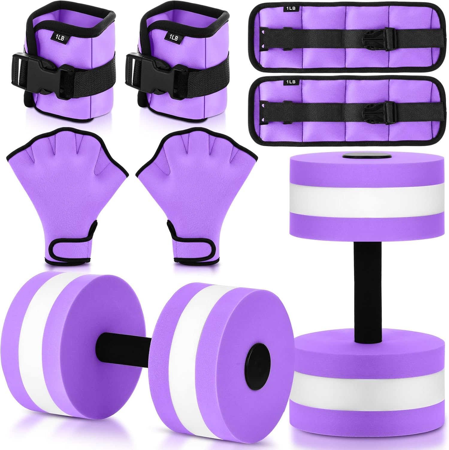 Hollowfly 6 Pcs Water Aerobics Equipment Set Full Body Pool Exercise Kit, 2 Aqua Dumbbells, 2 Adjustable 1lb Ankle/Wrist Weights, 2 Webbed Swim Gloves, Low Impact Aquatic Workout Gear Hollowfly 6 Pcs Water Aerobics Equipment Set Full Body Pool Exercise Kit, 2 Aqua Dumbbells, 2 Adjustable 1lb Ankle/Wrist Weights, 2 Webbed Swim Gloves, Low Impact Aquatic Workout Gear