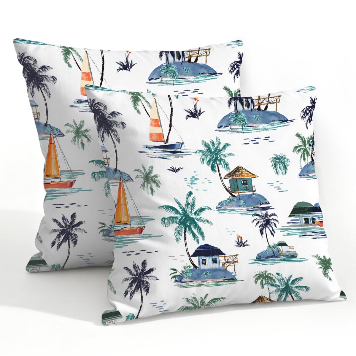 Outdoor Pillow Covers Waterproof Pillowcases 22x22in Set of 2 Coastal Sailboats Palm Tree Decorative Throw Cushion Case for Couch Sofa Garden Patio Furniture