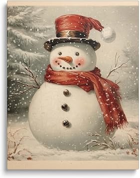 ART Christmas Canvas Wall Joyful Winter Wonderland Snowmen with Scarf Pictures Print Artwork Merry Christmas Celebration Canvas Holiday Festive Gift for Living Room Bedroom 24x30inch