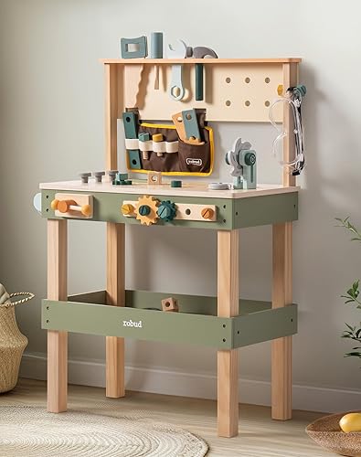 Miniatura 4 de ROBUD Banco de trabajo para niños pequeños, juguete de construcción de madera con cinturón de herramientas, gafas y accesorios para montaje