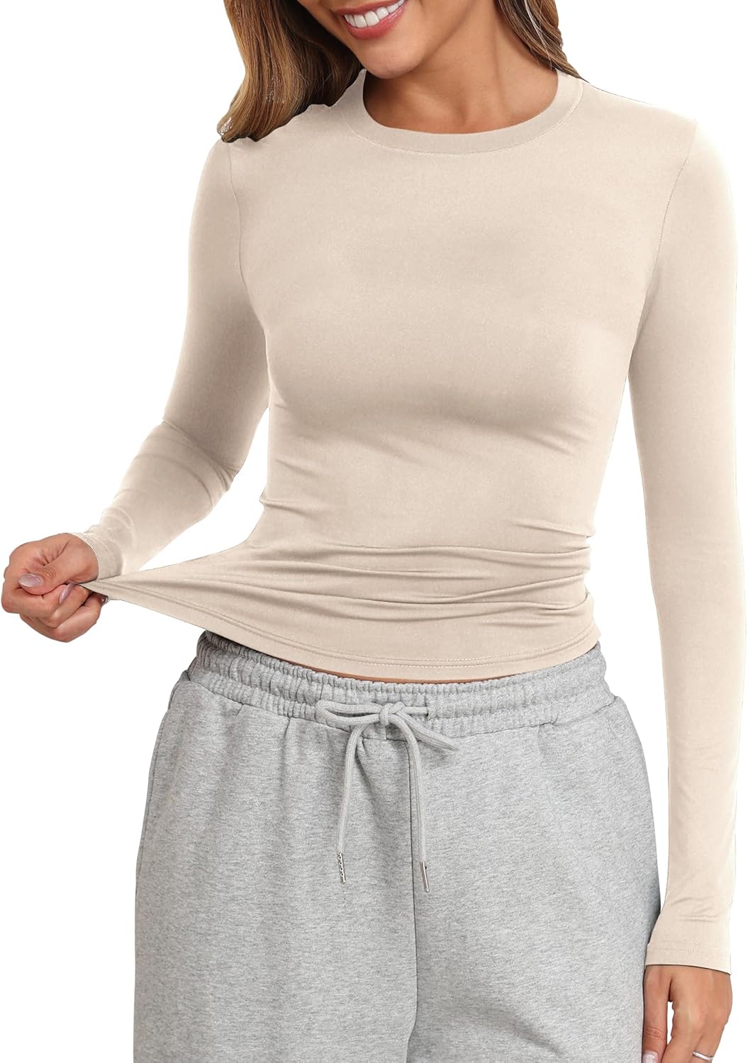 PALINDA Fitted Long Sleeve Shirts for Women Crew Neck Basic Stretchy T-Shirts Casual Layering Tee Shirt Crop Tops