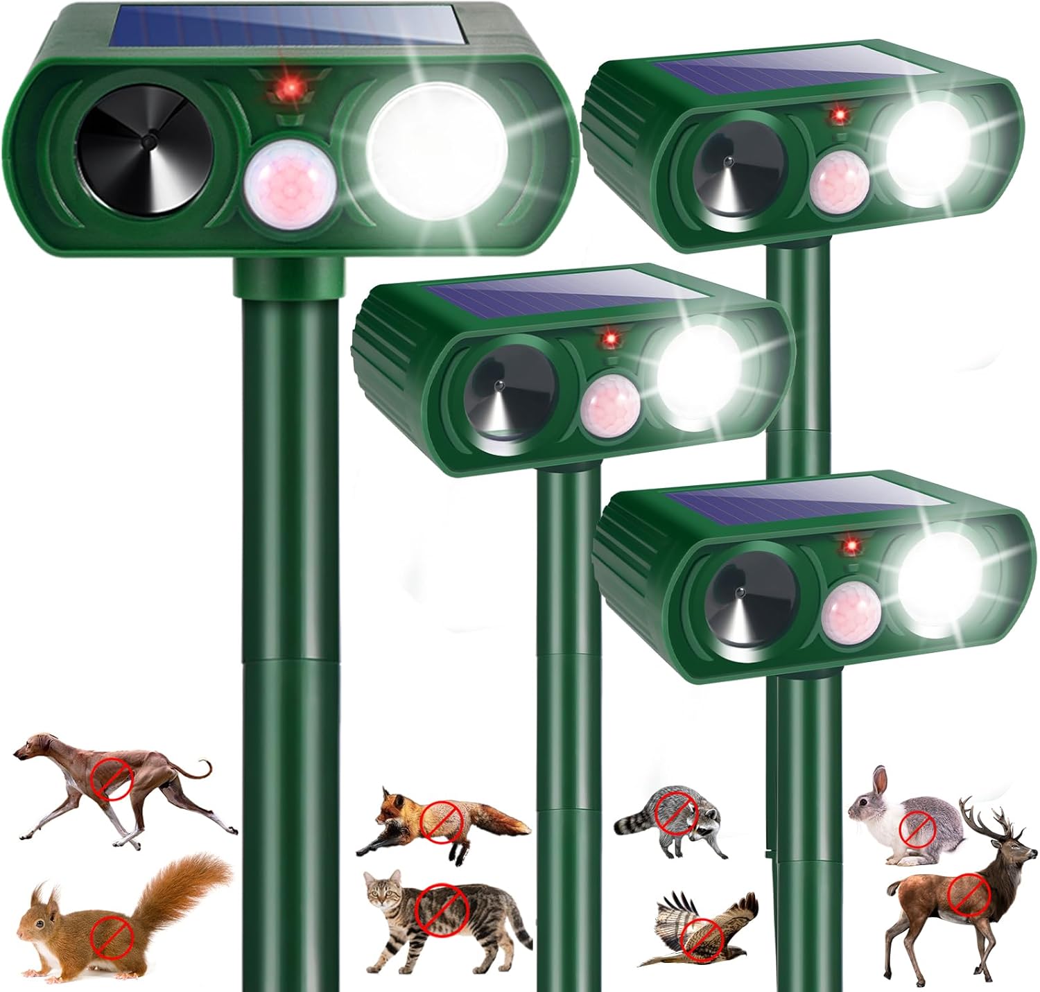 Upgraded Solar Ultrasonic Animal Repellent Outdoor Deer Repellent Cat Deterrent with Motion Sensor Flash Light for Possum Skunk Rodent Squirrel Raccoon IP65 Waterproof Repeller for Yard Garden,4 Pack
