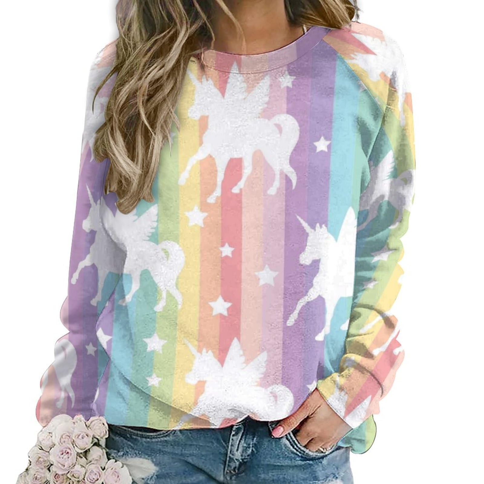 Qjjinxior Women's Unicorn Pattern Rainbow Casual Jumper, Sweatshirts For Crewneck Long Sleeve Top