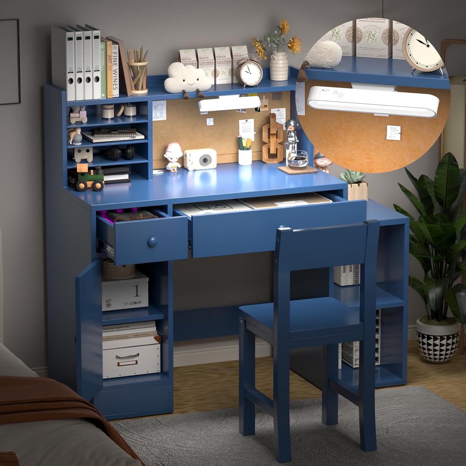 Blue Wooden Kids Study Desk and Chair Set, Childrens Desk with Light, 2 Drawers, 4 Storage Cabinets and Shelves, Boys & Girls Study Desk for Bedroom and Kidsroom
