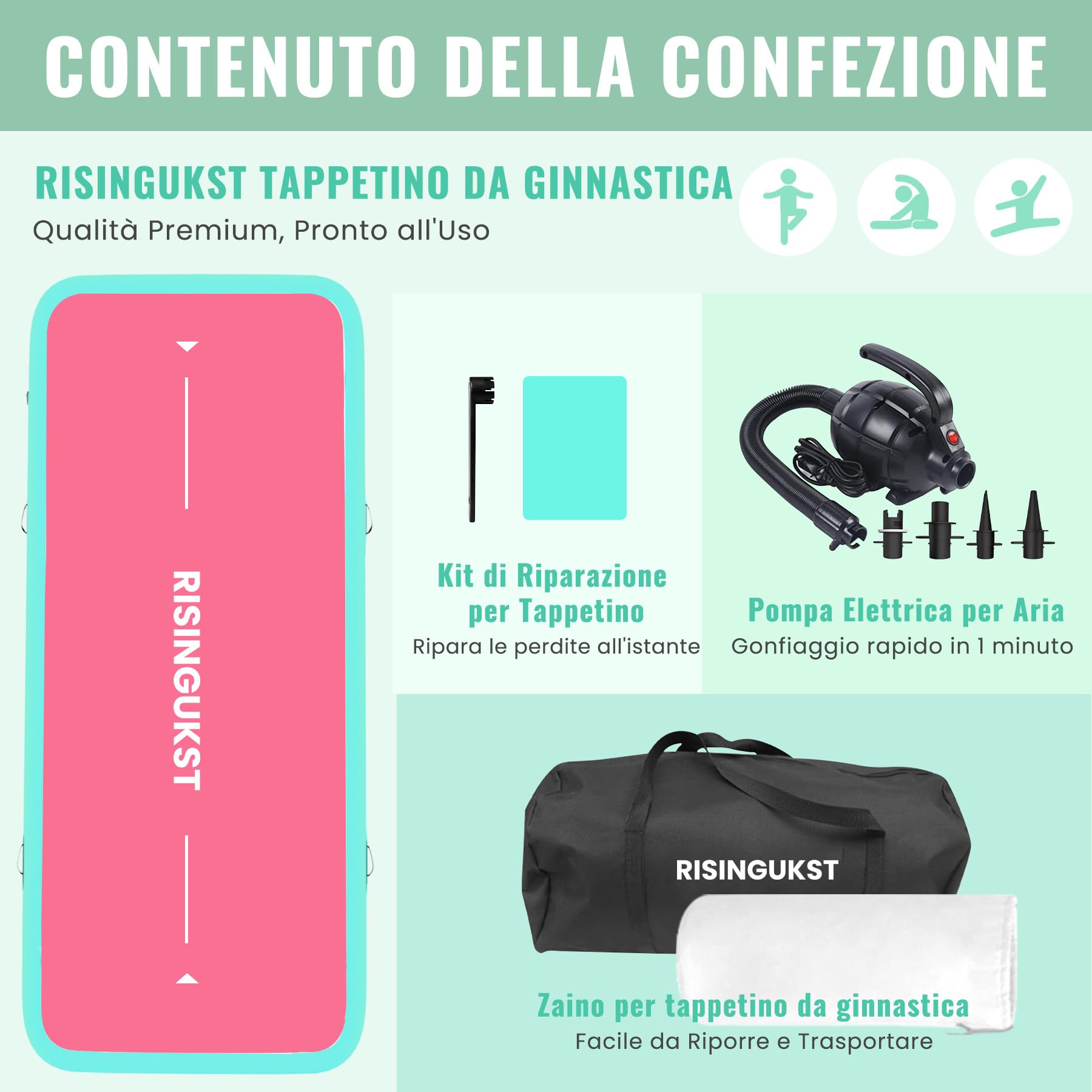 RISINGUKST Air Track Ginnastica Artistica 10/20cm Spessore, 2/3/4/5/6m materassino palestra con Pompa Elettrica per Casa, Air Roller