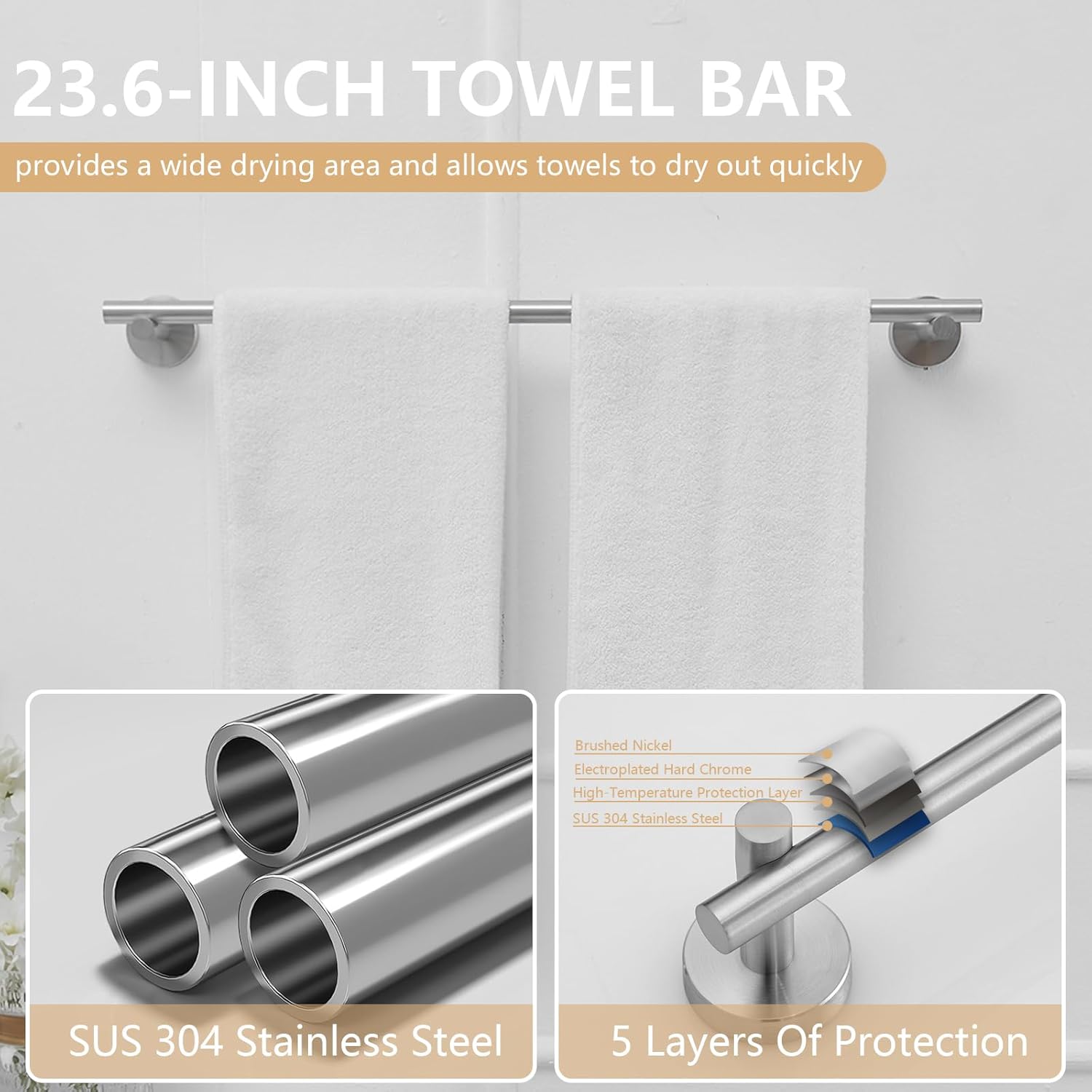 LED Brushed Nickel Shower Tower 304 Stainless Steel Shower Panels Bundle with 5 Piece Bathroom Hardware Set Brushed Nickel Bath Accessories