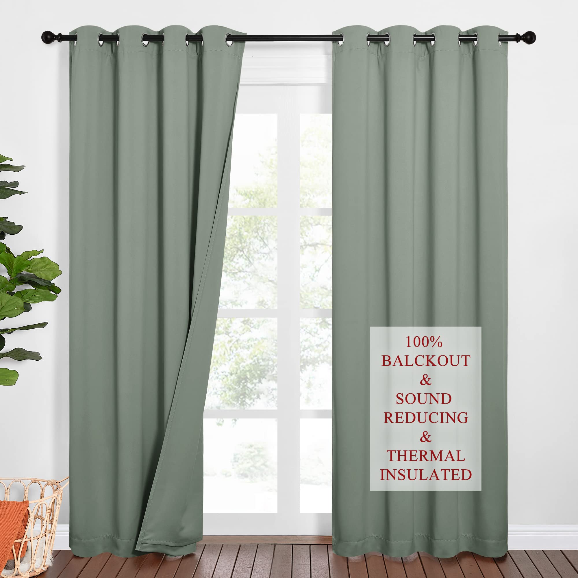 NICETOWN Sound Barrier 100% Blackout Divider Curtains 84", Noise, Heat and Cold Blocking Drapes with Felt Fabric Lining for Nursery/Daytime Sleep/Bedroom (Greyish Green, 2 PCs, 52" Wide)