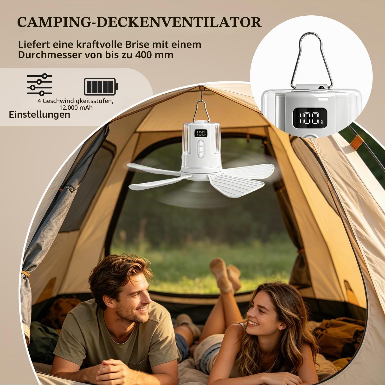 40cm Deckenventilator Akku, 12000mAh wiederaufladbarer Ventilator Lampe Decke mit Fernbedienung & LED Licht, 4 Windstufen und Zeitschaltuhr Leiser Deckenventilator für Hausgebrauch and Freien