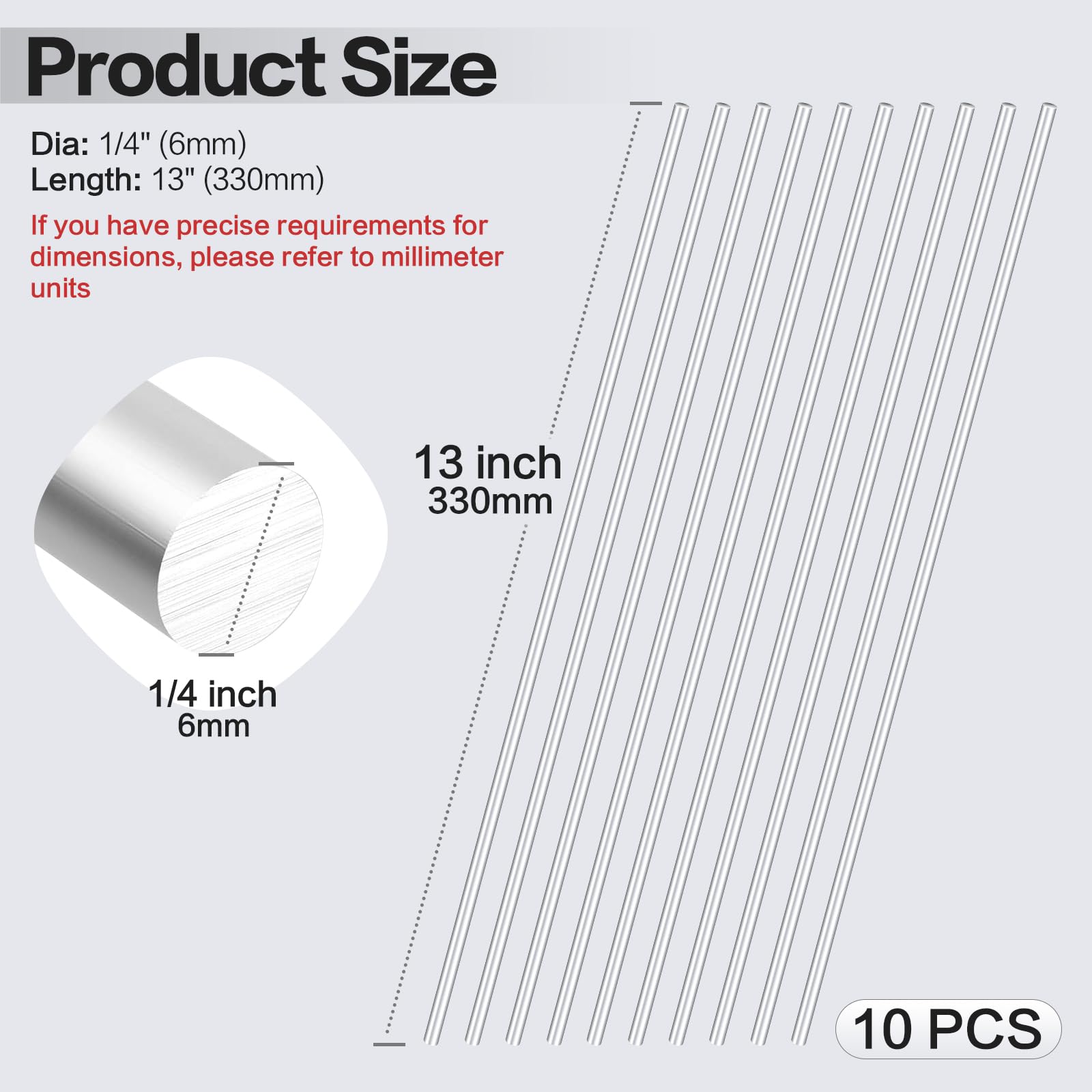 Aluminum Round Rods - 1/4" Diameter, 10 Pack -2 Aluminum Round Rods - 1/4" Diameter, 10 Pack -2