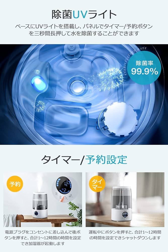 Amazon.co.jp: 加湿器 4L 【タイマー/予約 & UV除菌】 加湿器