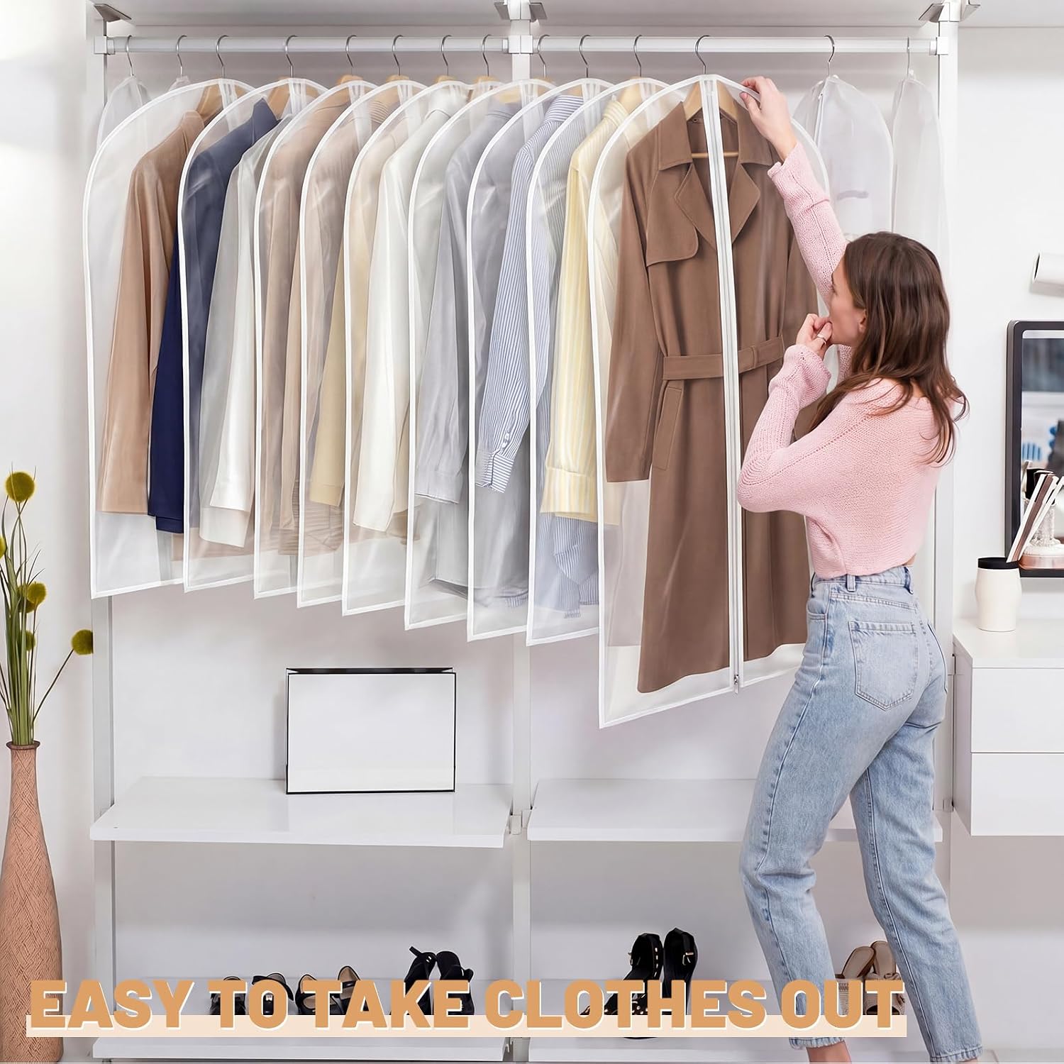 30 Pack Garment Bags for Hanging Clothes 3 Sizes 24" x 40"/47"/55" Translucent Reusable Dustproof Suit Dress Coat Covers with Zipper for Long Dresses Wardrobe Organization Clothes Storage