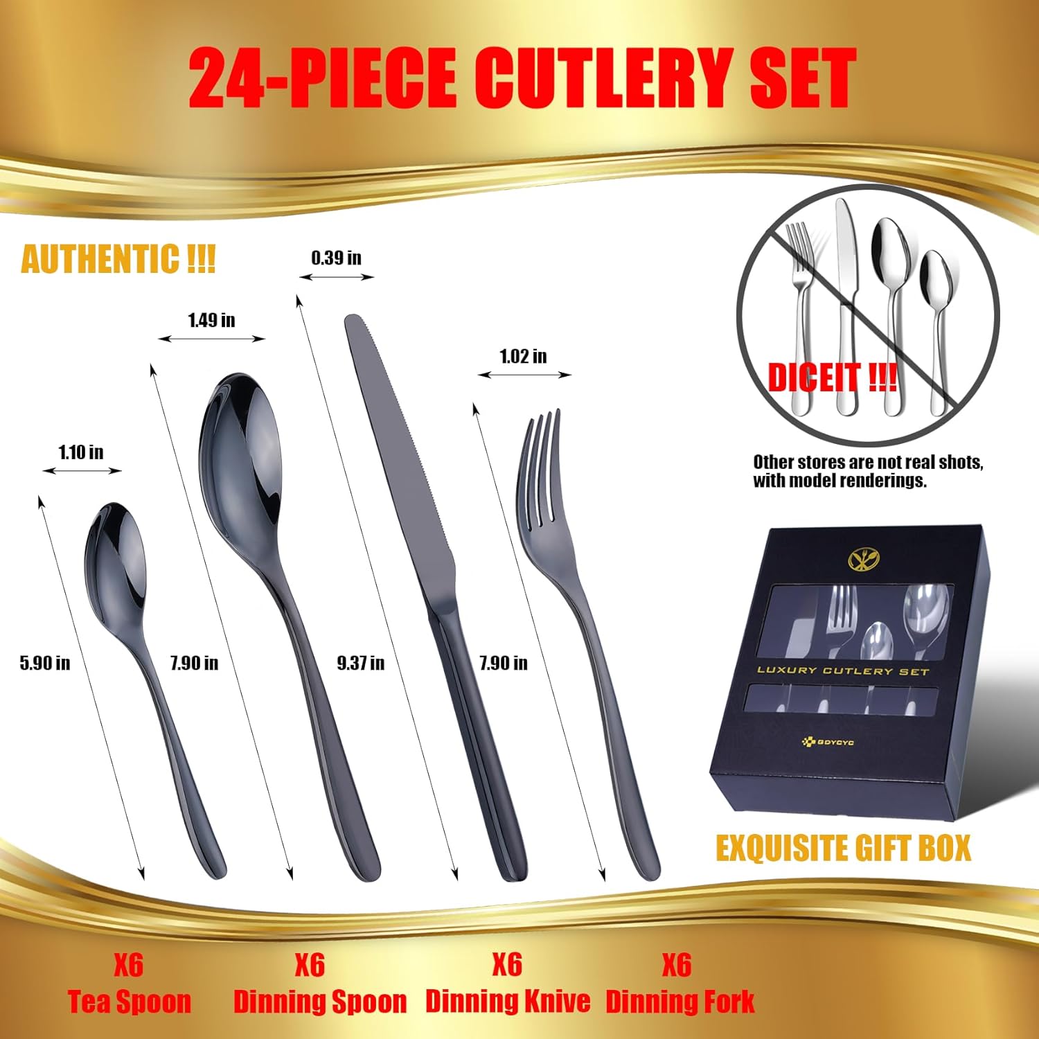 Black Sliverware set, 24 Pieces Black Flatware Set for 6, Food Grade Stainless Steel Tableware Cutlery Set, Knife Fork and Spoon Silverware Set, Heavy duty, Dishwasher Safe.