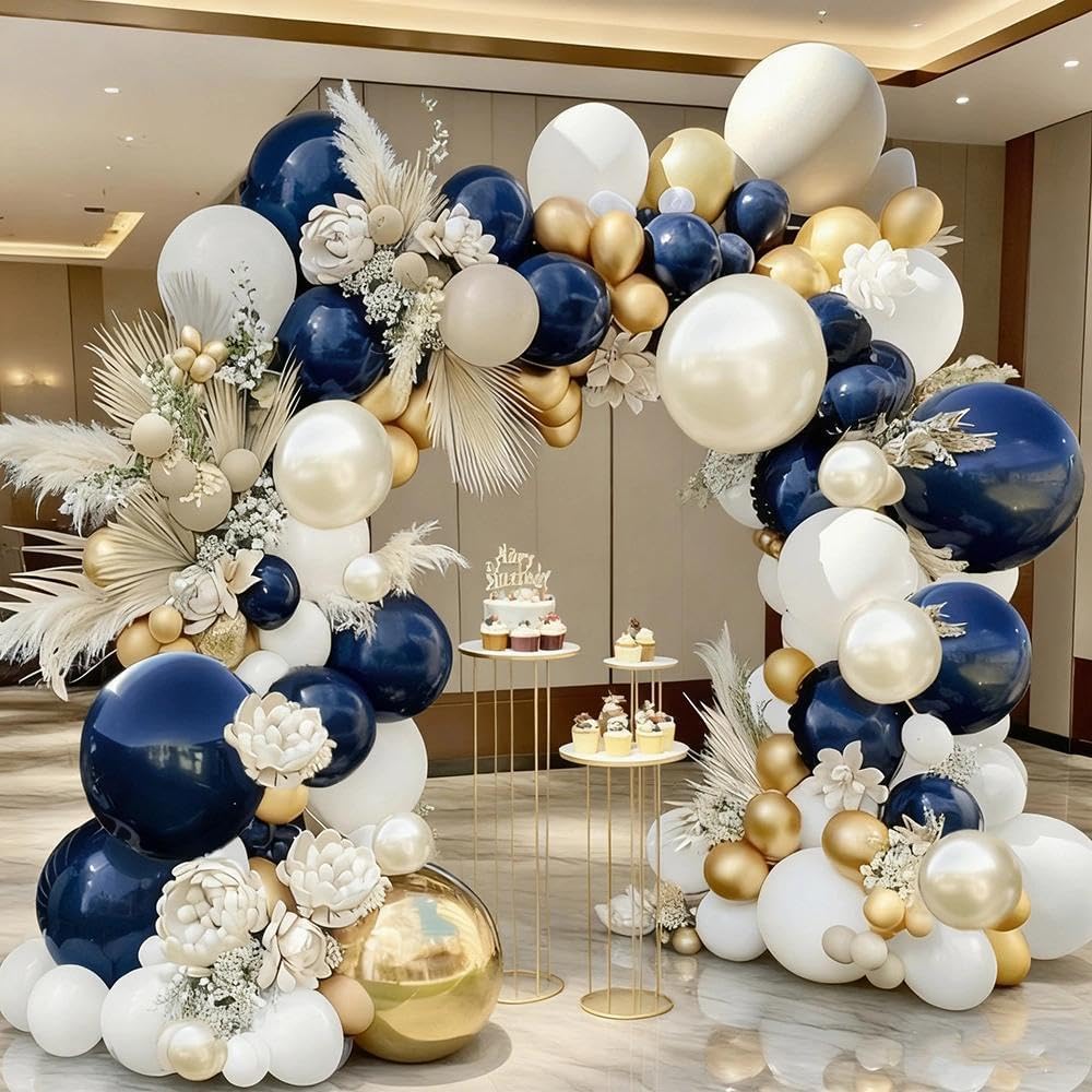 Navy Blue White Balloons Double Stuffed Dark Blue White Sand Pearl Balloon Arch Kit Royal Blue Gold Balloon Garland for Birthday Christmas New Year Baby Shower Wedding Graduation Party Decorations