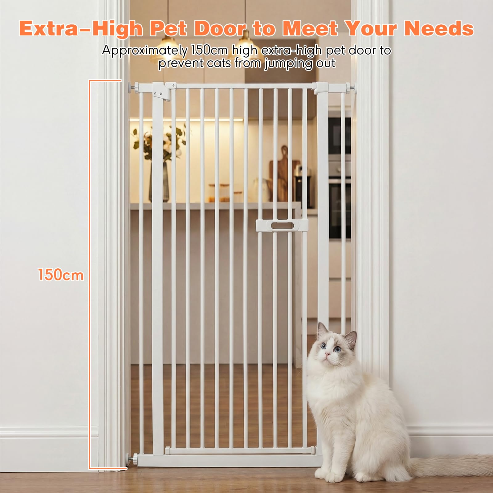 150CM Treppenschutzgitter hoch Absperrgitter Katze, Verstellbare Breite: 76-95 cm, Türschutzgitter und Absperrgitter für Kinder und Hunde, Automatisch Schließendem Verschluss, Ohne Bohren