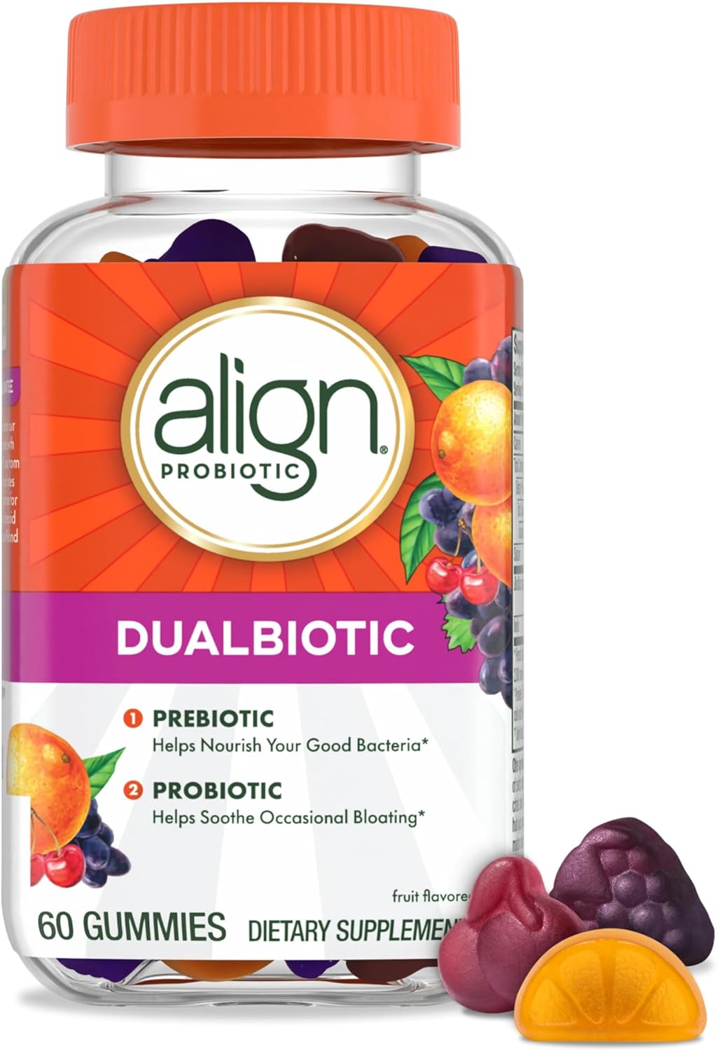 ( Best By Nov/2026) Align Dualbiotic, Prebiotics and Probiotics for Women and Men, Probiotics for Digestive Health, Prebiotics Help Nourish Good Bacteria, Natural Fruit Flavors, 60 Probiotic Gummies 60 Count (Pack of 1)