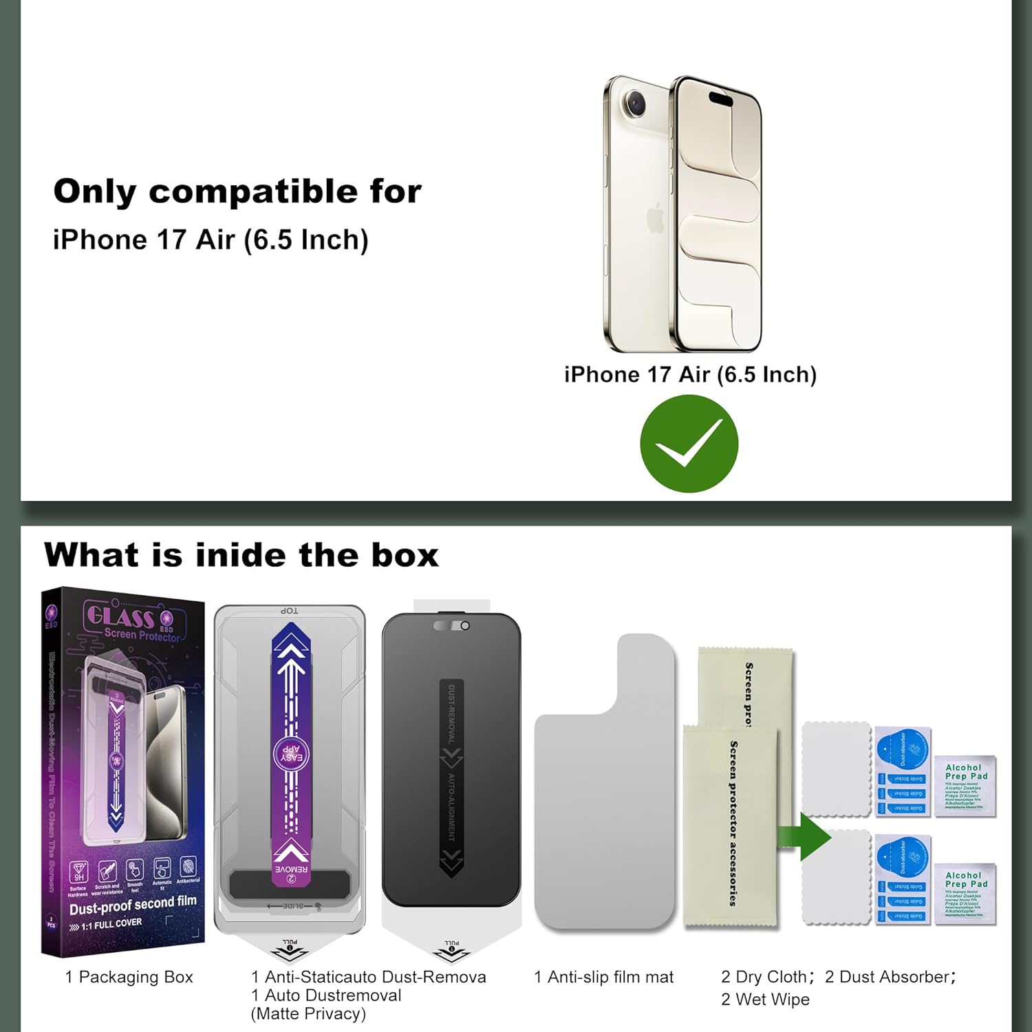 2 Pack Matte Privacy Screen Protector for iPhone 17 Air 6.5-Inch Auto Dust Removal, No Bubbles,Anti-Spy Tempered Glass Film, Easy Installation