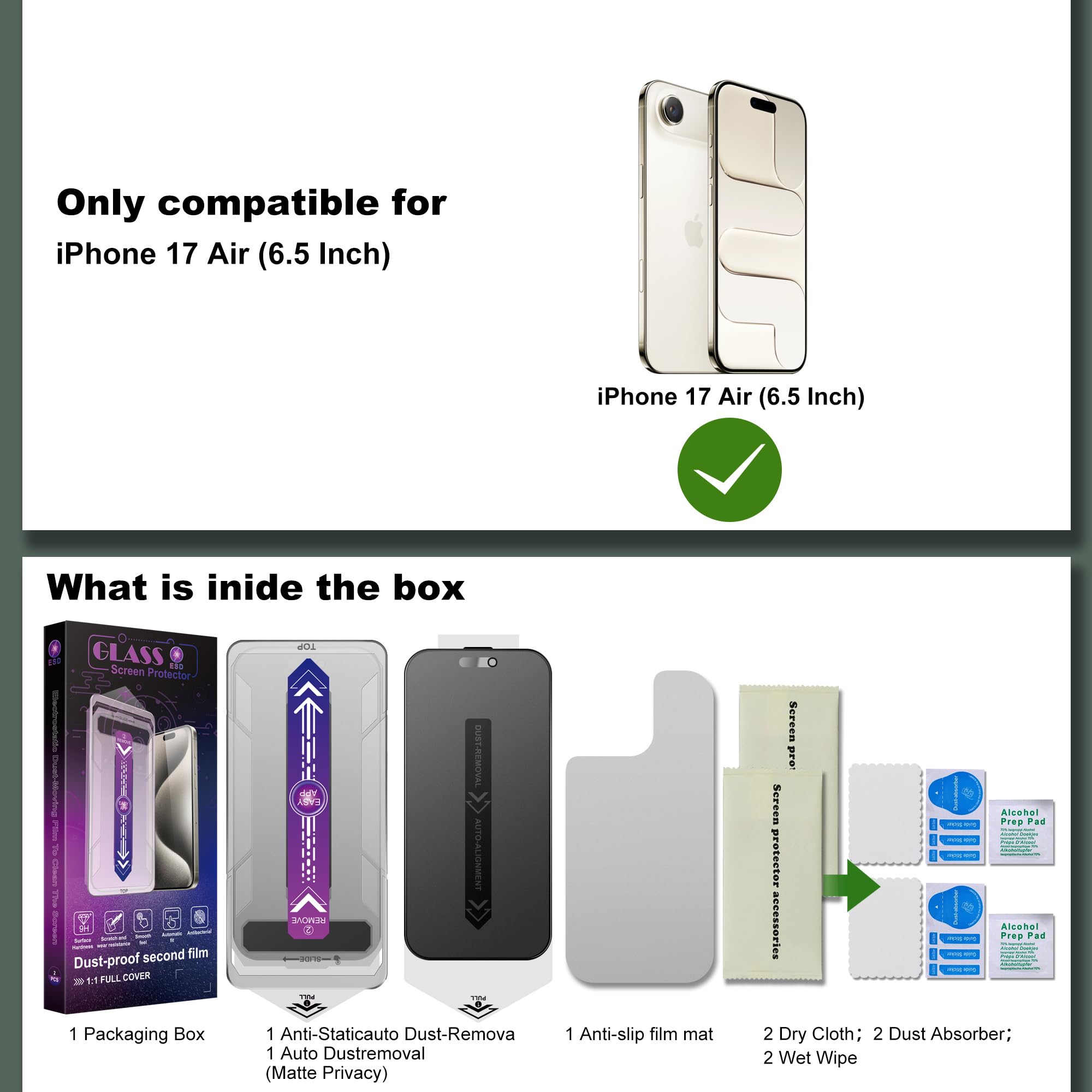Lot de 2 films protecteurs d'écran mats pour iPhone 17 Air 6,5" - Anti-poussière - Sans bulles - Film en verre trempé anti-espion - Installation facile