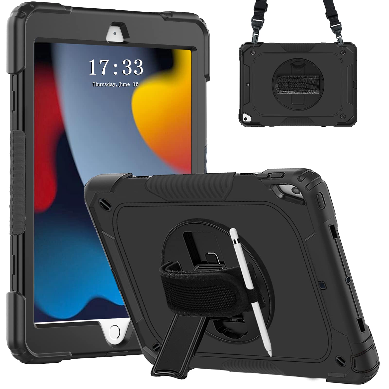 CASZONEiPad 9th/8th/7th Generation 10.2 inch Case,Protective iPad 10.2 inch Case 2021/2020/2019 with Pencil Holder,360°Rotating Stand with Hand/Shoulder Strap,Black