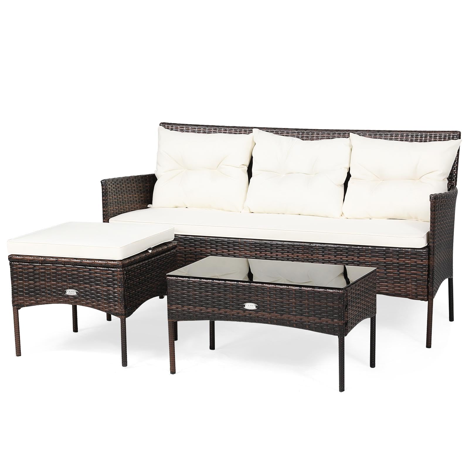Multigot 4 Seater Rattan Garden Furniture Set, Outdoor Corner Sofa Set with Sofa Chair, Coffee Table, Stool & Cushion, All-Weather Wicker Patio Conversation Set for Balcony Yard Poolside (Off White)
