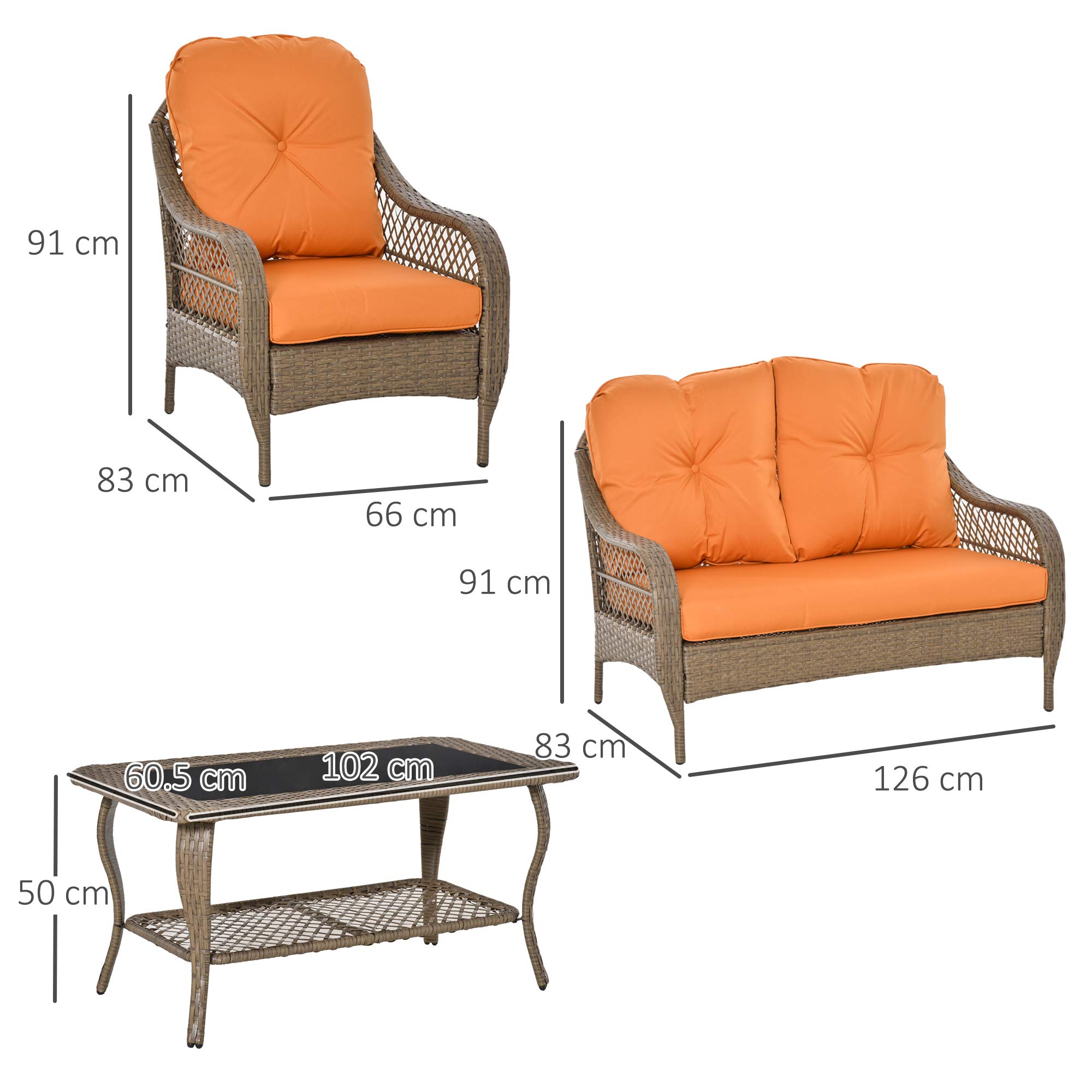 Outsunny Set Mobili da Giardino Rattan PE 2 Poltrone Khaki e Arancione | Divano a 2 Posti, Tavolo, Cuscini
